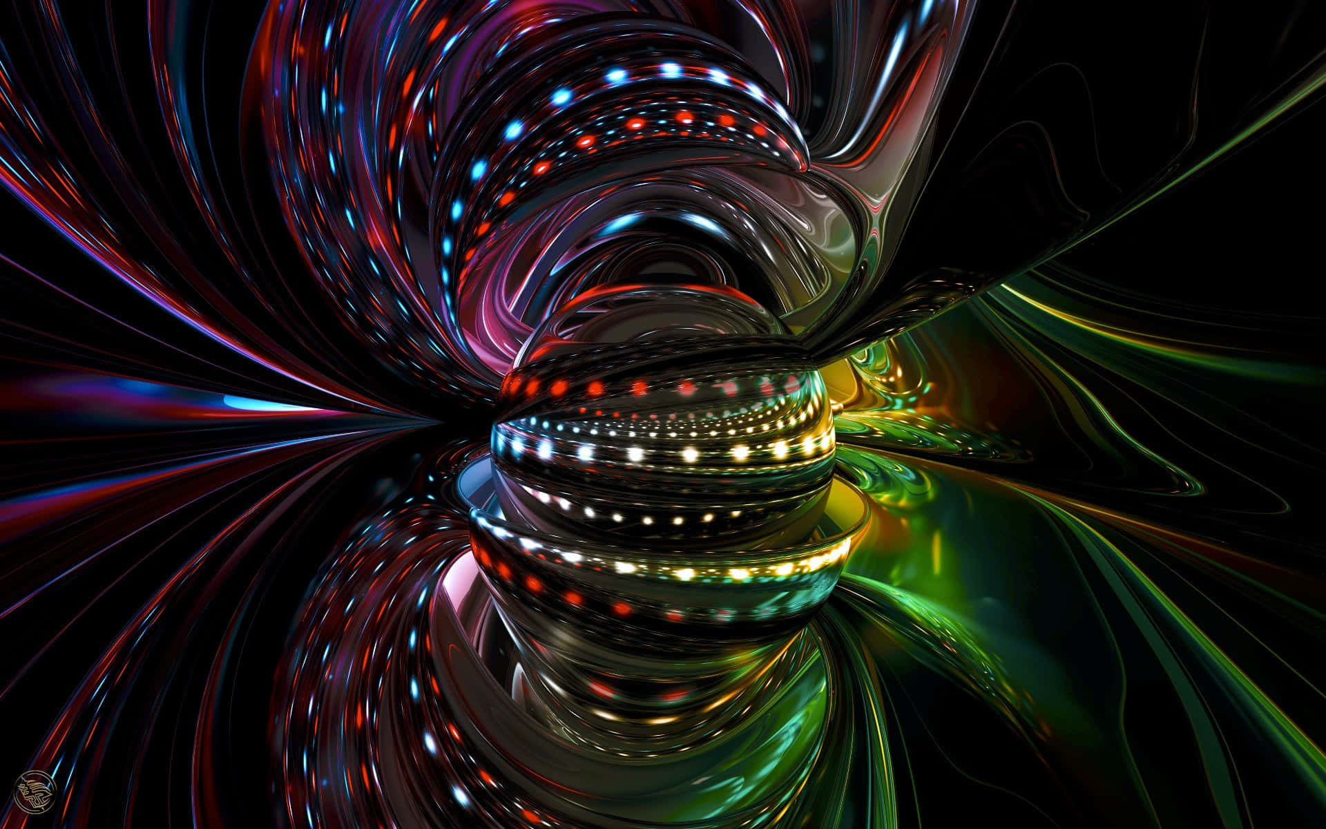 Cool Abstract 桌布 壁紙 — 一個迷人的數位隧道，由旋轉的金屬絲帶組成，在黑色虛空中發出紅色、藍色和綠色的光芒。