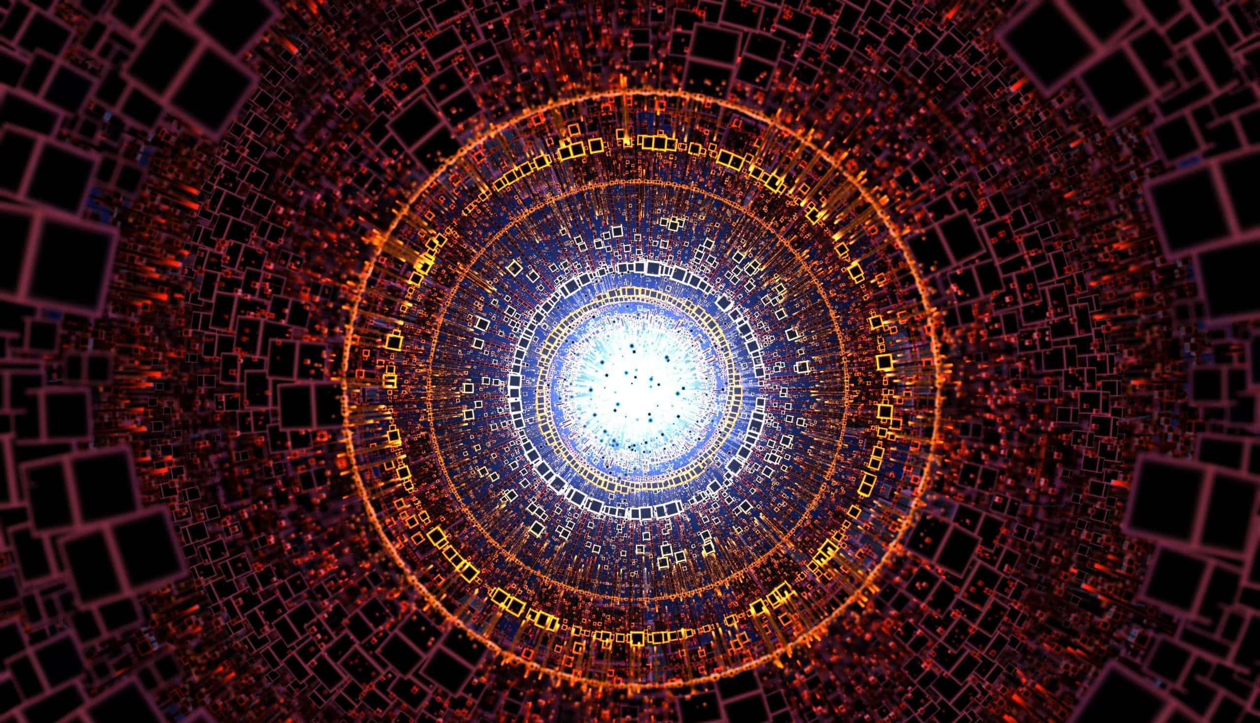 dmt 桌布 壁紙 — 一個迷人的數位隧道，由發光的橙色和藍色幾何正方形螺旋向內，朝向一個光芒四射的白色核心。