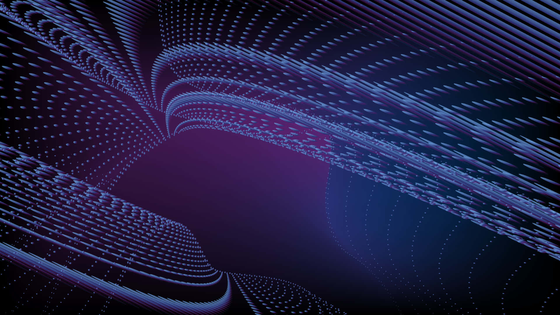 3d Technology 桌布 壁紙 — 一個迷人的數位隧道，由發光的紫色和藍色線條及圓點在深色背景上向內彎曲形成。