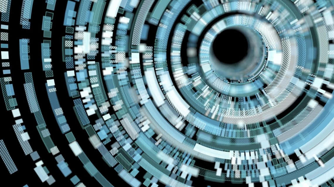 Digital 桌布 壁紙 — 一個迷人的數位隧道，由發光的藍色和白色數據流組成，螺旋向內朝向黑暗中心。