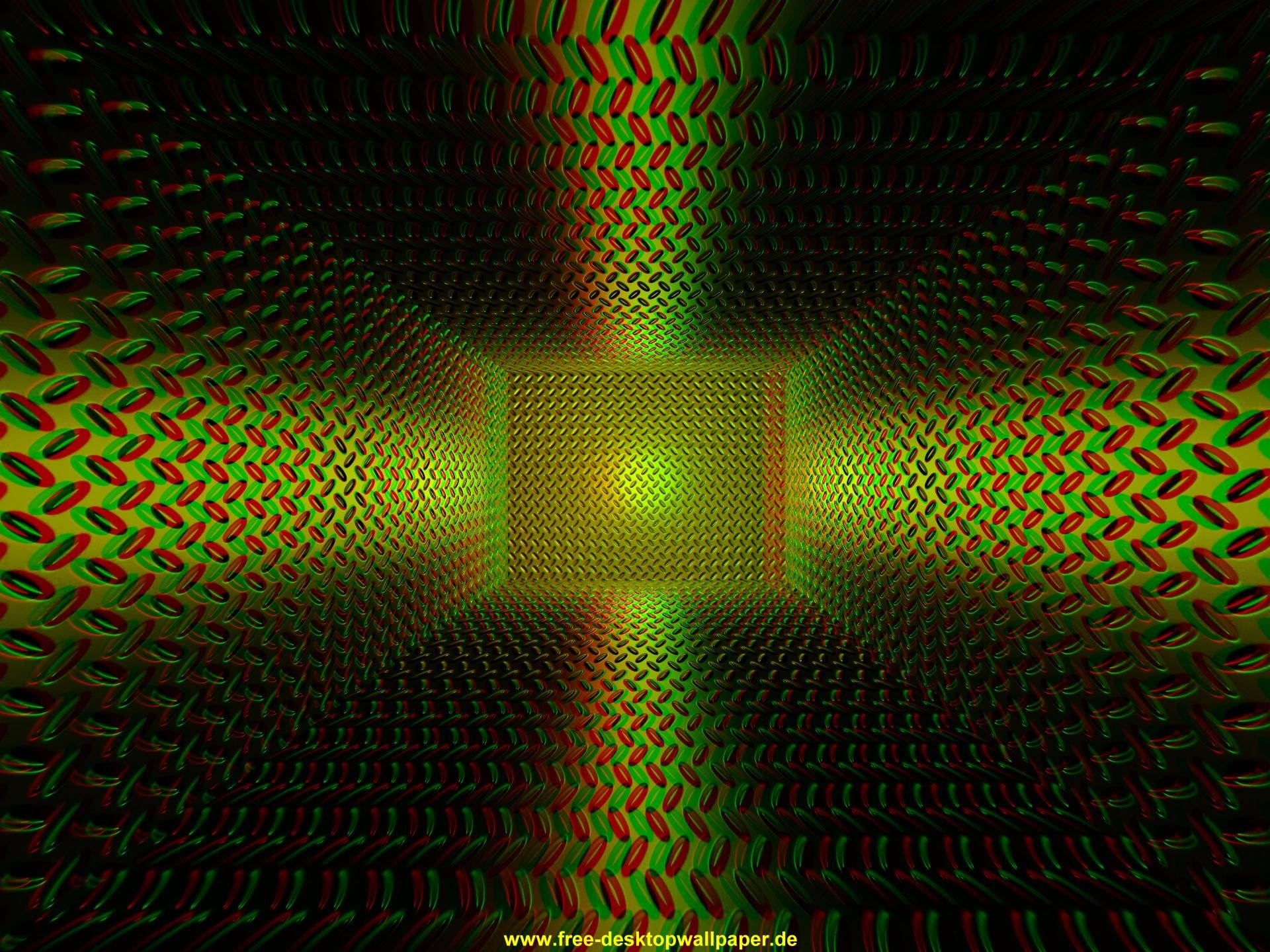 3D 桌面 桌布 壁紙 — 一個迷人的數位隧道，由重複的綠色和紅色橢圓圖案匯聚到一個發光的黃色中心。