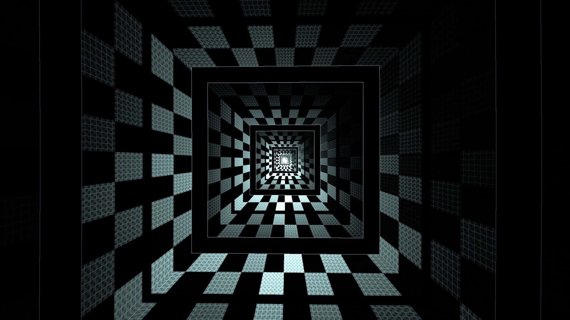 Illusion 桌布 壁紙 — 一個迷人的數位隧道，由黑色和發光的青色棋盤格瓷磚組成，逐漸消失在無限深處。