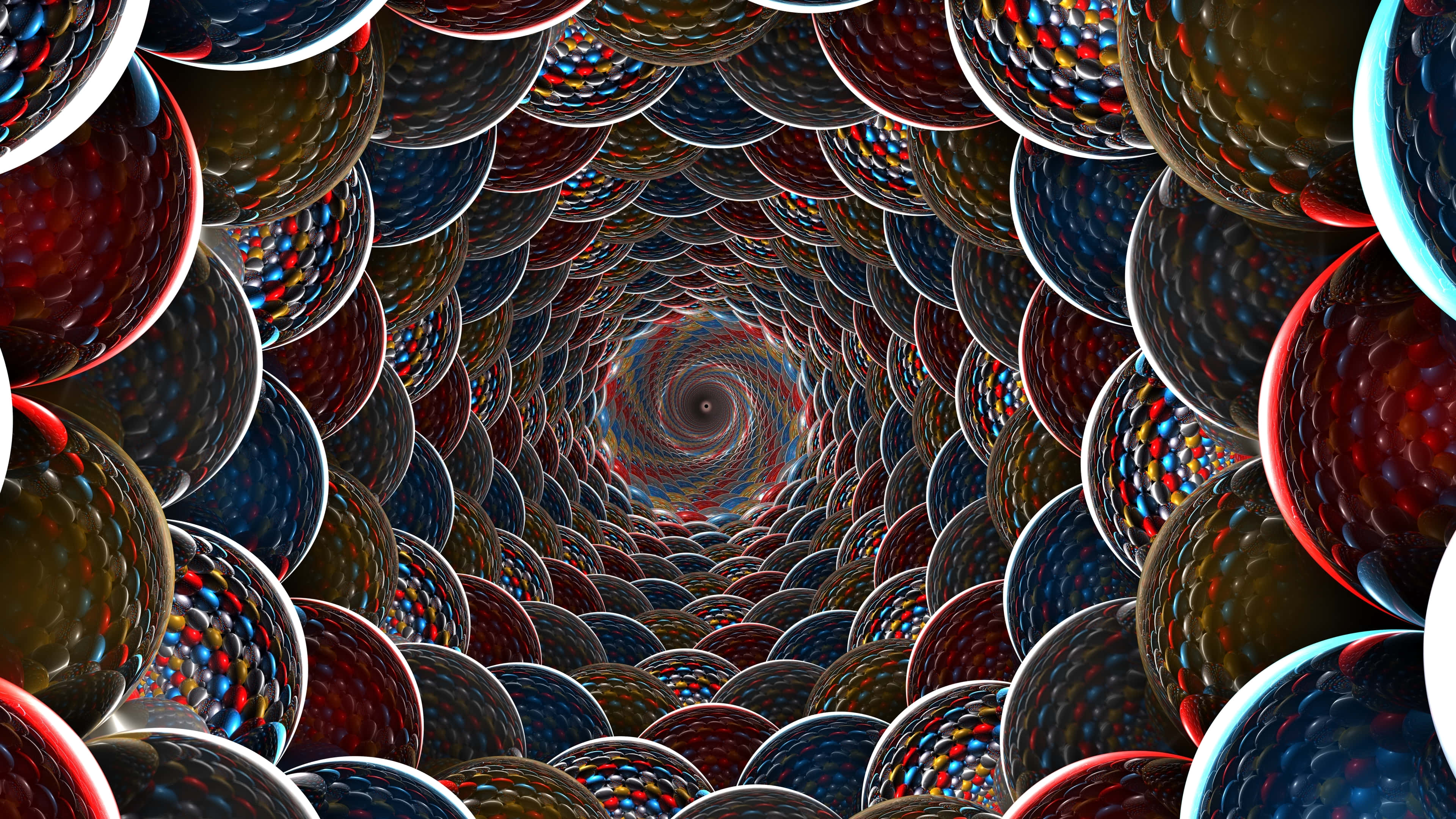 3d Graphics 桌布 壁紙 — 一個迷人的數位隧道，通過一排排帶有虹彩紅、藍和金高光的光澤球體向內螺旋。