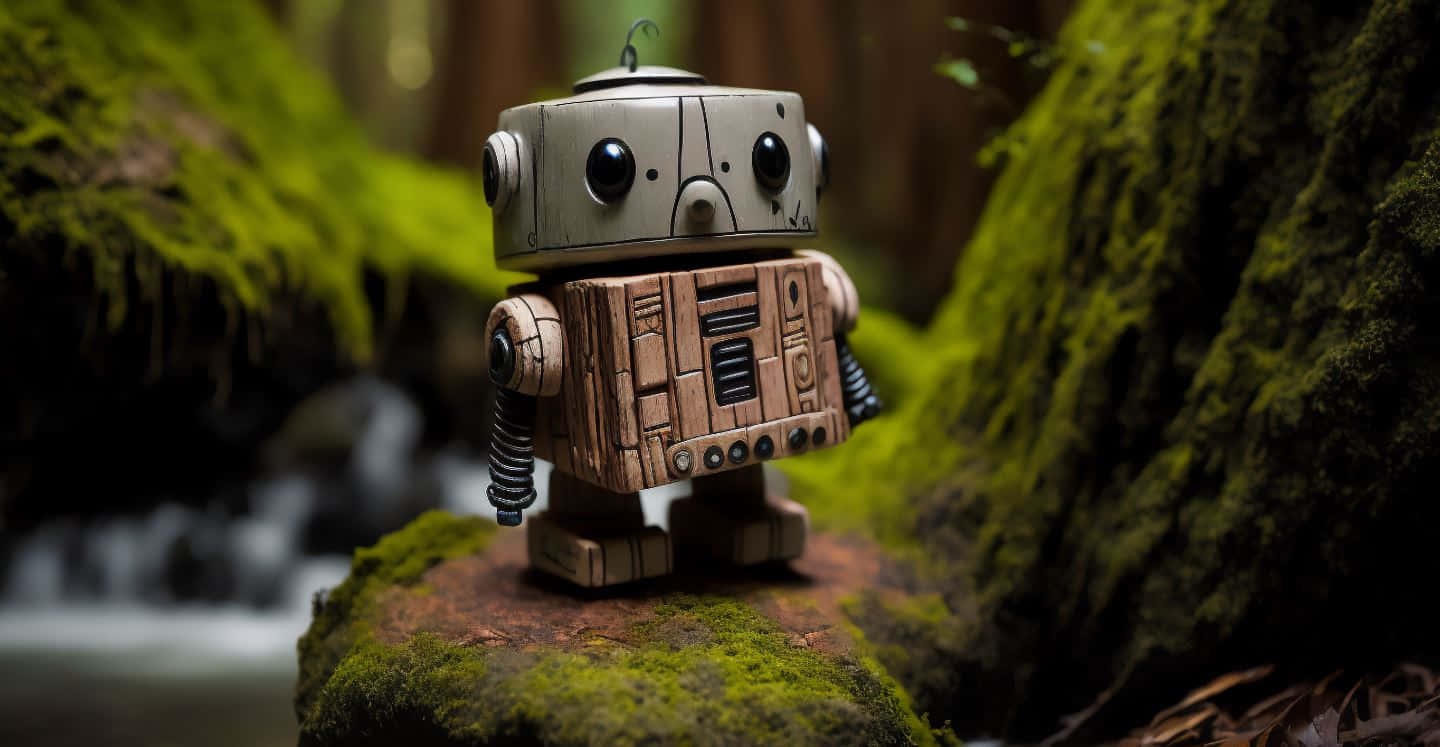 Kawaii Robot 桌布 壁紙 — 一個迷人的木製機器人，玻璃眼睛，站在森林溪流旁的苔蘚岩石上。