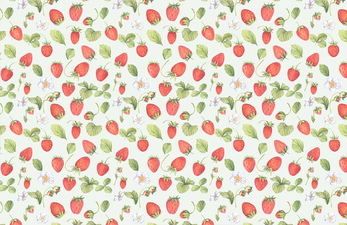 Strawberries 桌布 壁紙 — 一個迷人的水彩圖案，包含紅色草莓、綠色葉子和白色花朵，背景為柔和的薄荷色。