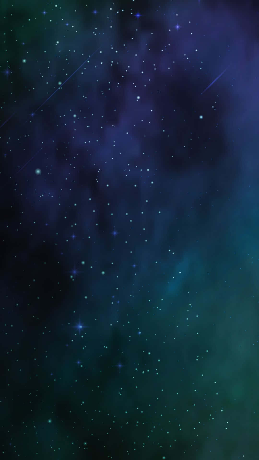 Blue Phone 桌布 壁紙 — 一個迷人的深空景觀，充滿了閃爍的星星和發光的宇宙星雲，呈現豐富的藍綠色和靛藍色調。