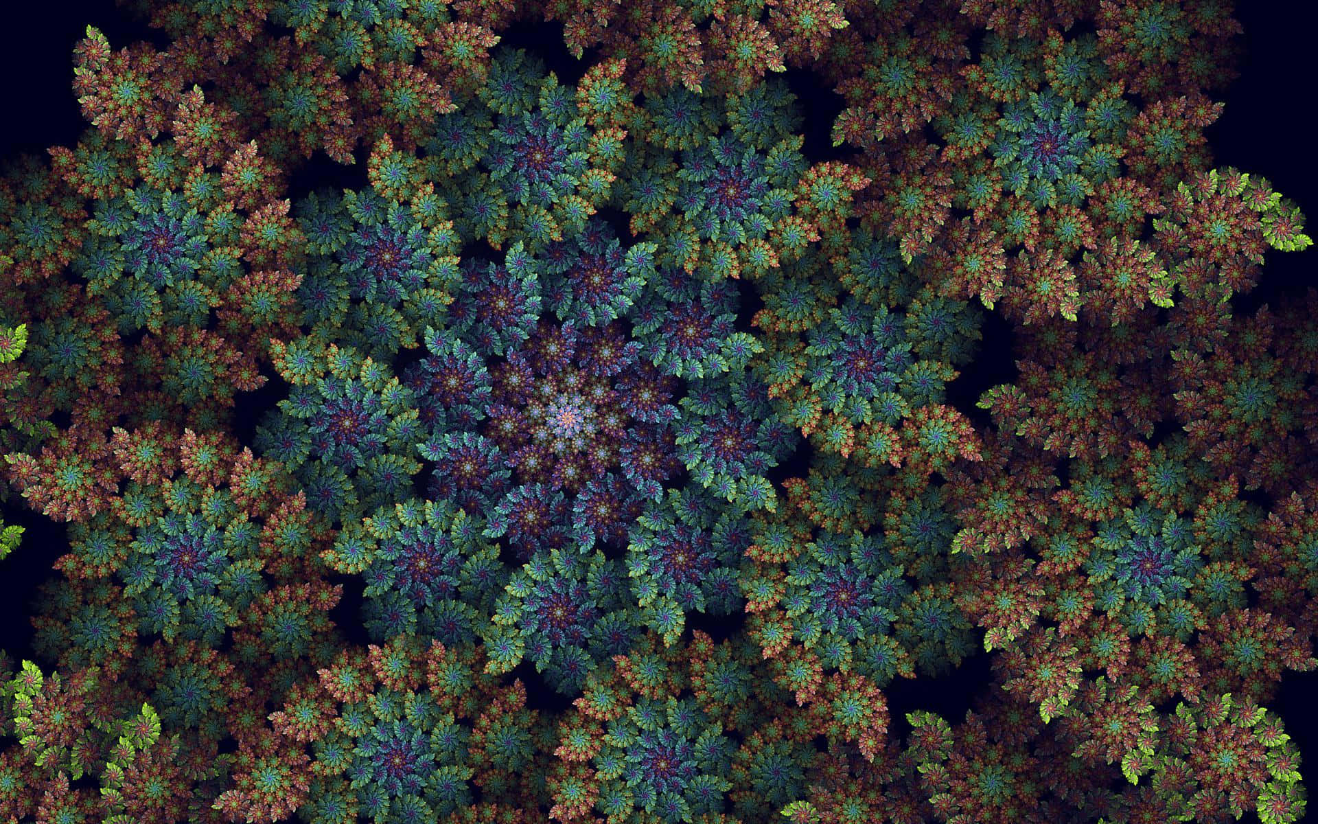 Psychedelic Fractals 桌布 壁紙 — 一個迷人的碎形圖案，由重複的葉狀形狀組成，呈現深綠色、棕色和紫色，背景為黑色。