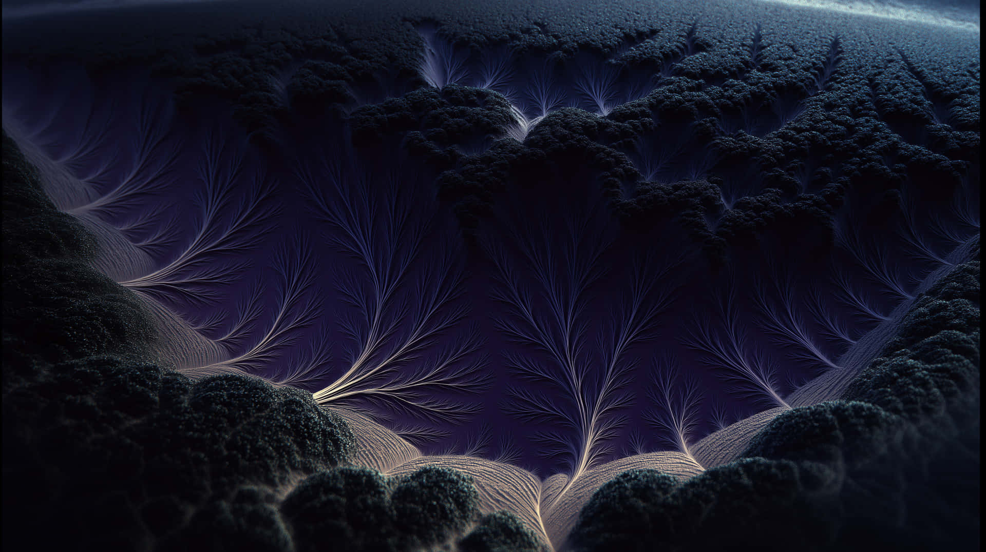 Dendritic Landscape with Veins of Light 壁紙 — 一個迷人的碎形景觀，發光的紫色脈絡在黑暗紋理的地形上分支，在暮色天空下。