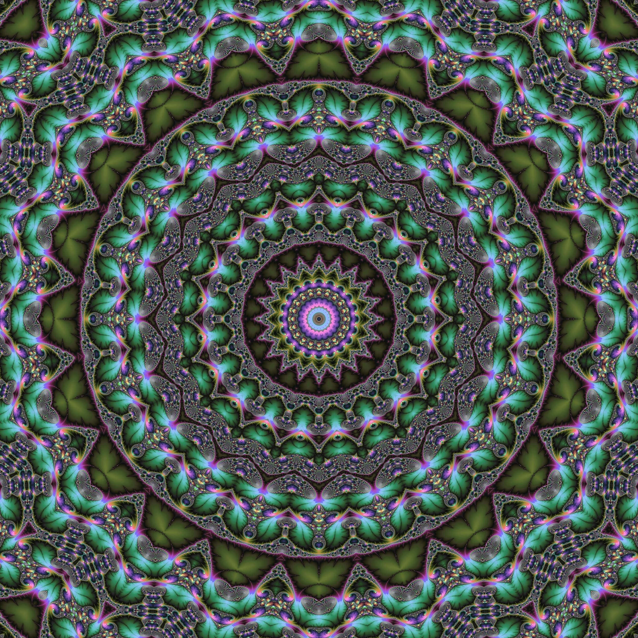 Trippy Fractals 桌布 壁紙 — 一個迷人的碎形曼陀羅散發出對稱的綠色和紫色圖案，帶有發光的點綴。