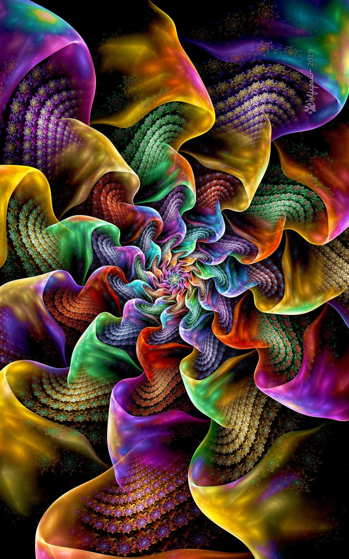 Trippy Fractals 桌布 壁紙 — 一個迷人的碎形爆炸，呈現旋轉的彩虹色彩，帶有複雜的重複圖案，背景為黑色。