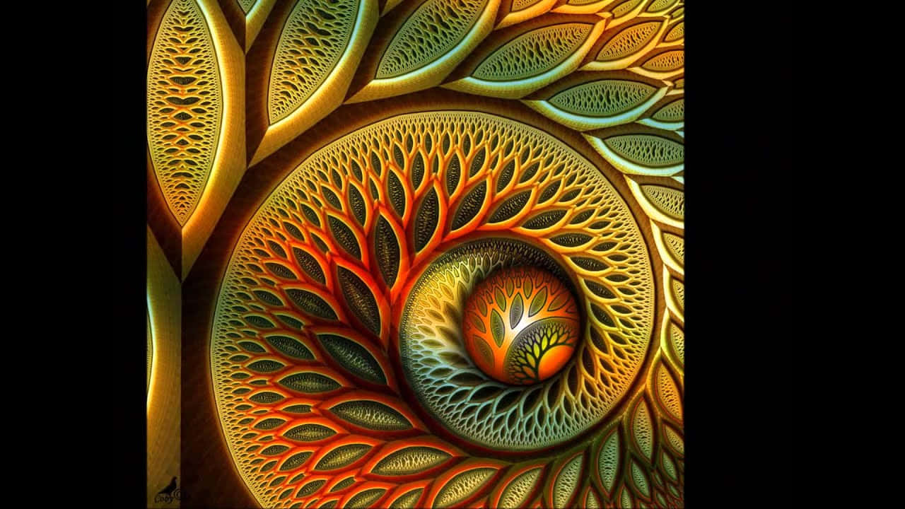 碎形 桌布 壁紙 — 一個迷人的碎形螺旋，帶有金色橙色和藍綠色的葉狀圖案，向內輻射到發光的核心。