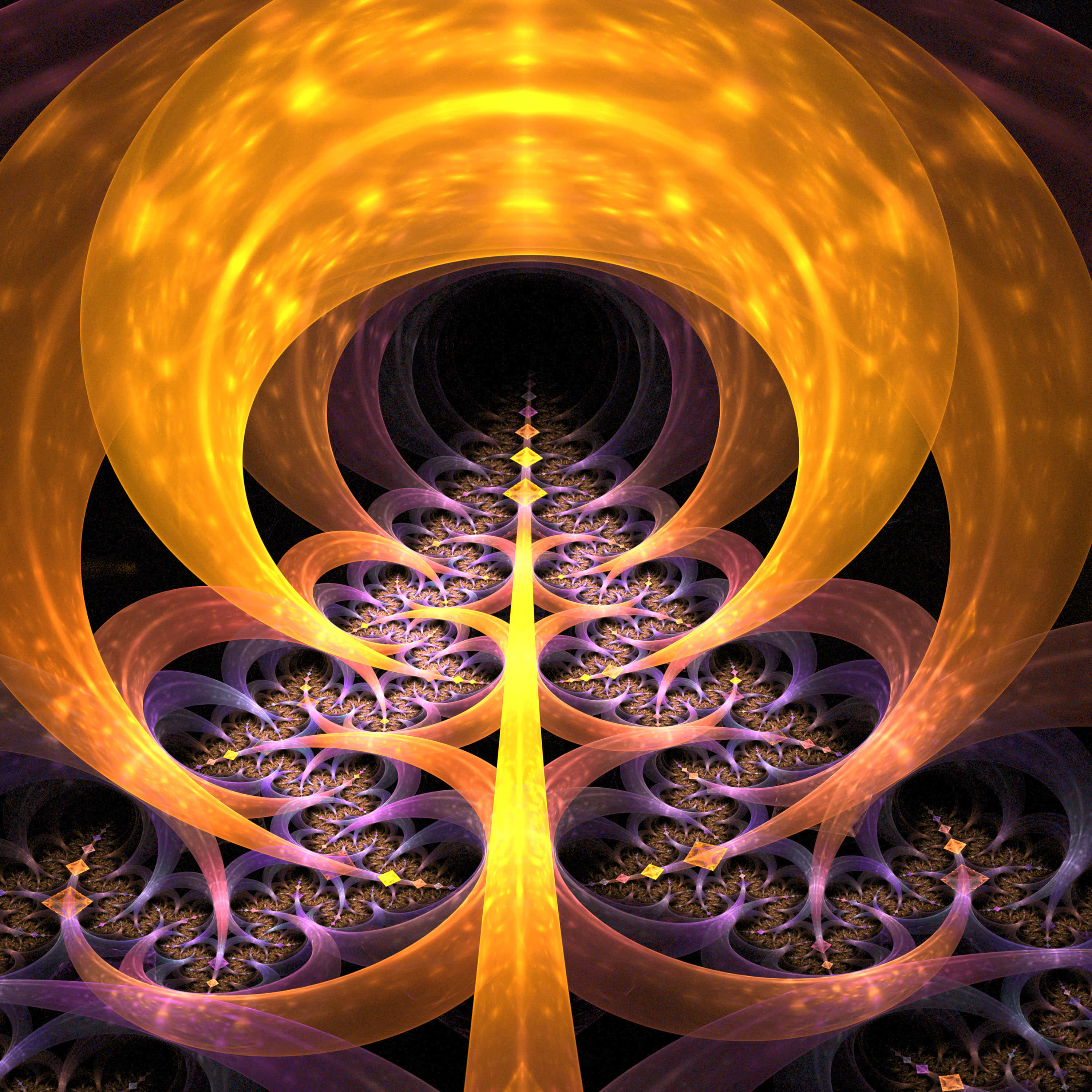 3d Abstract 桌布 壁紙 — 一個迷人的碎形隧道，在黑暗虛空中以發光的橙色絲帶和紫色花卉圖案向內螺旋。