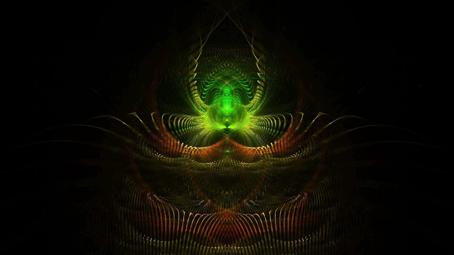 Trippy Fractals 桌布 壁紙 — 一個迷人的碎形隧道，發光的綠色和橙色絲帶在黑色虛空中螺旋進入一個光芒四射的核心。