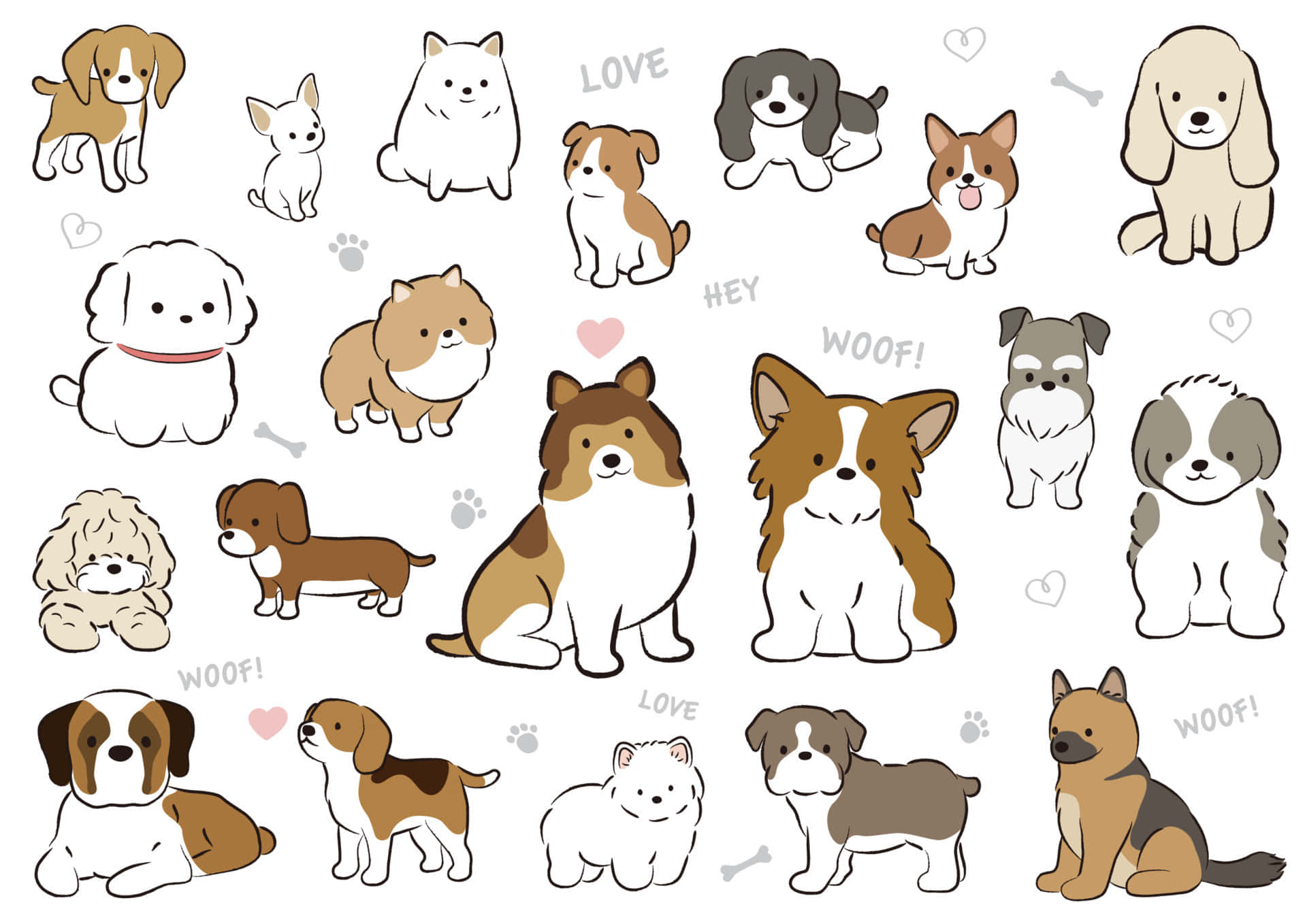 Dogs 桌布 壁紙 — 一個迷人的系列，包含各種姿勢的可愛卡通狗，帶有俏皮文字和骨頭圖標，散落在乾淨的白色背景上。