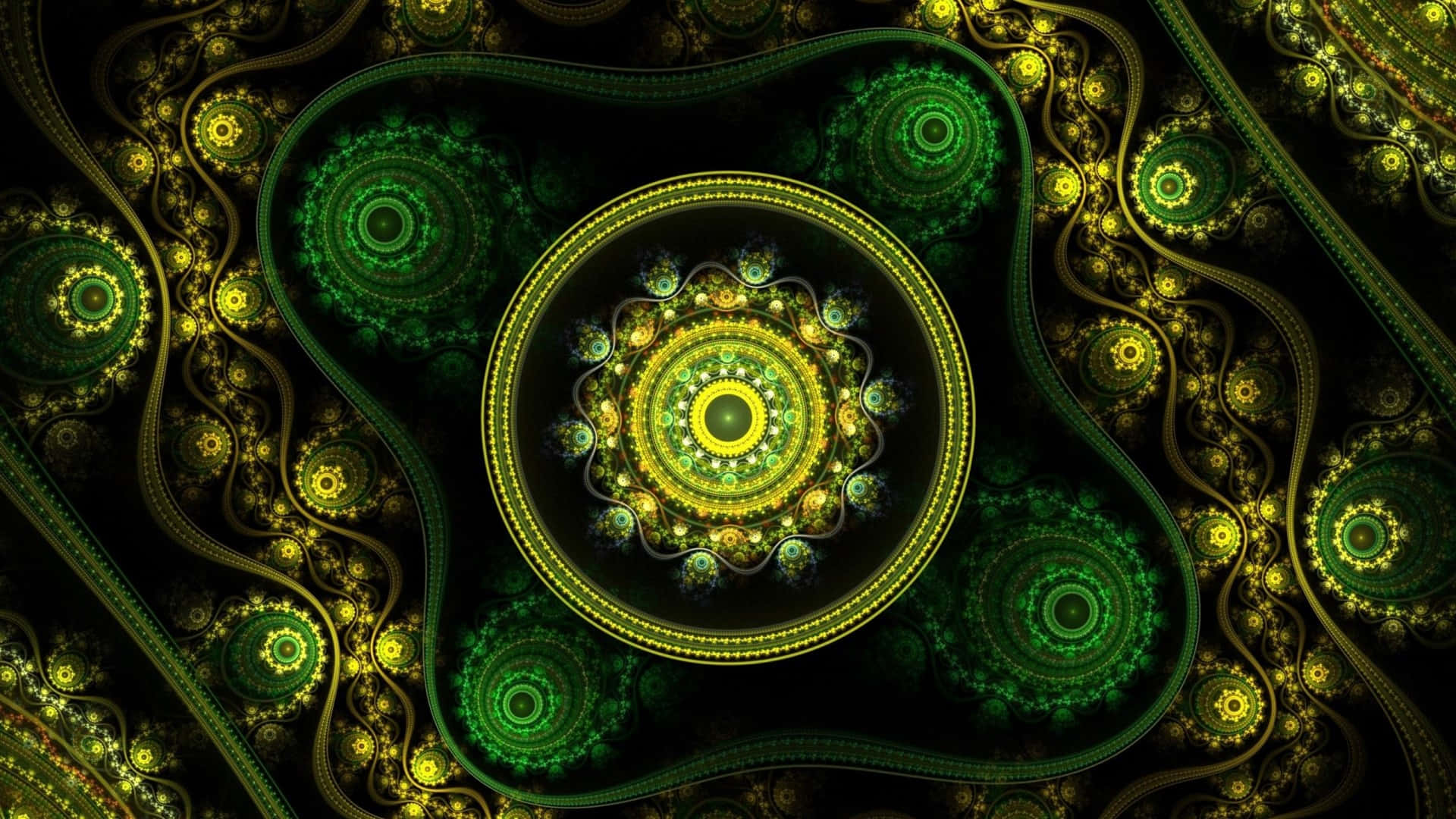 Celtic Irish 桌布 壁紙 — 一個迷人的綠色和金色分形曼陀羅在深色背景上散發出複雜的圖案。