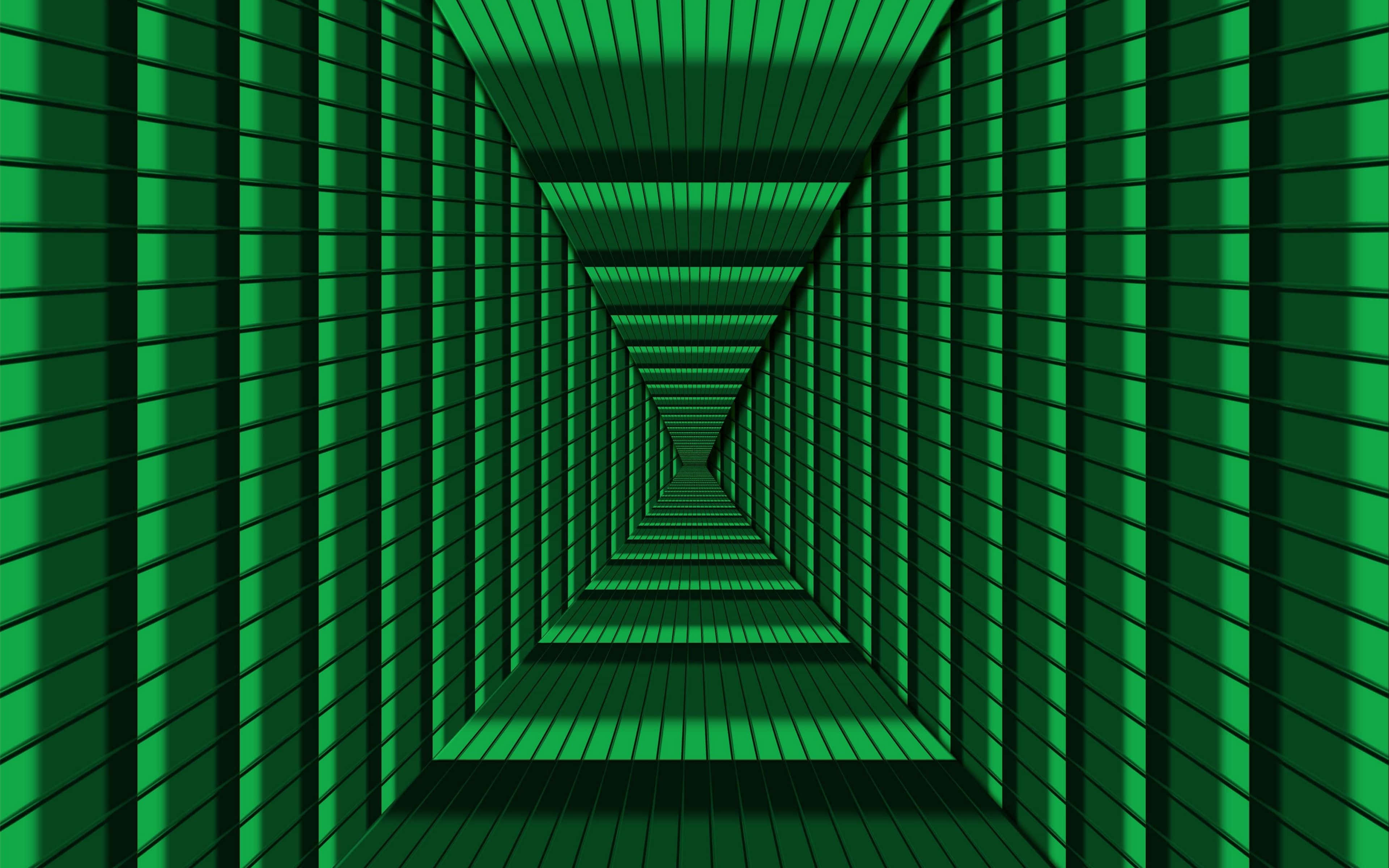 Illusion 桌布 壁紙 — 一個迷人的綠色霓虹燈幾何隧道，帶有重複的網格圖案，向無限延伸。