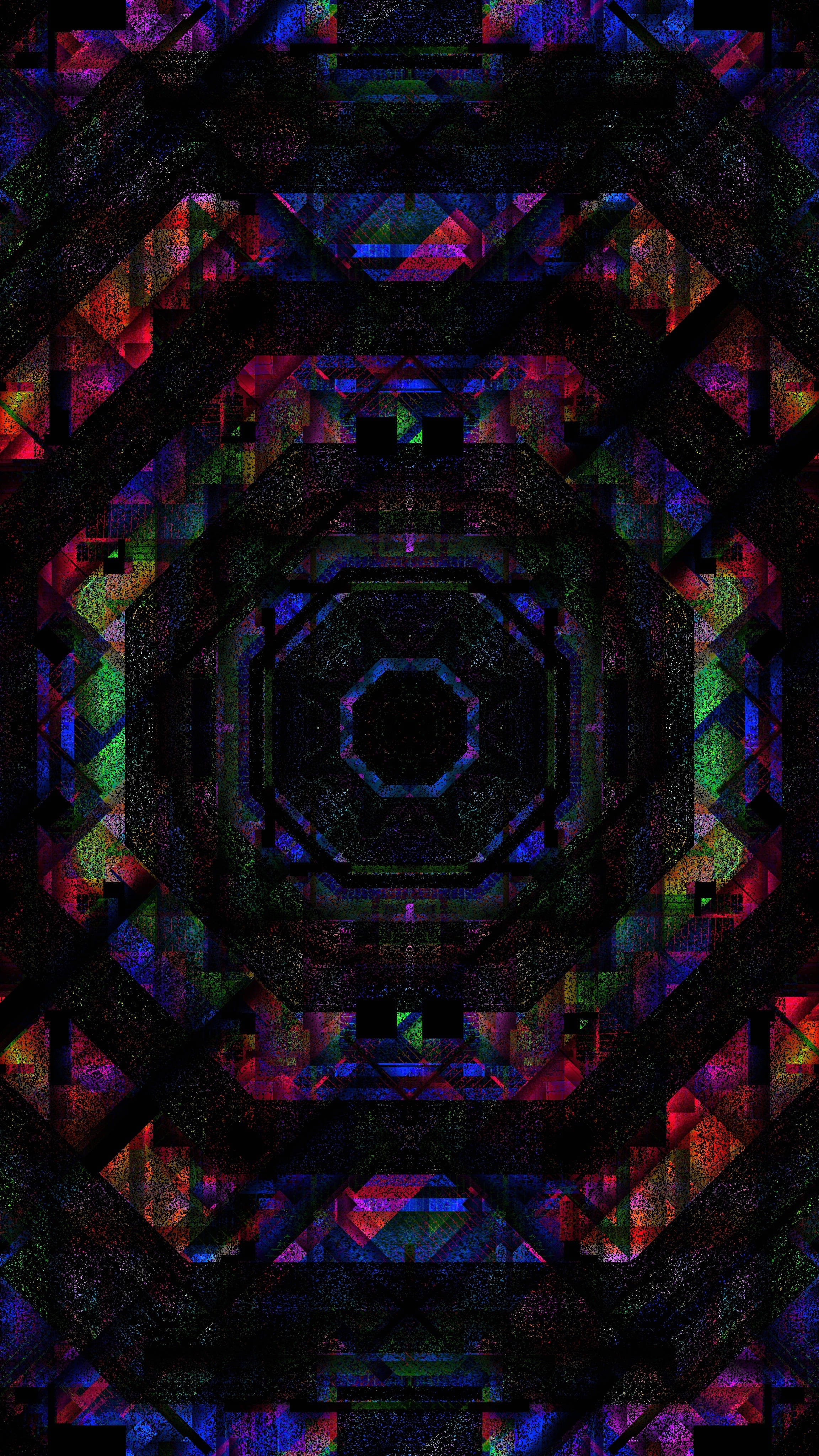 Pixel 桌布 壁紙 — 一個迷人的萬花筒圖案從中央八邊形散發出鮮豔的霓虹色調，背景為深色紋理。