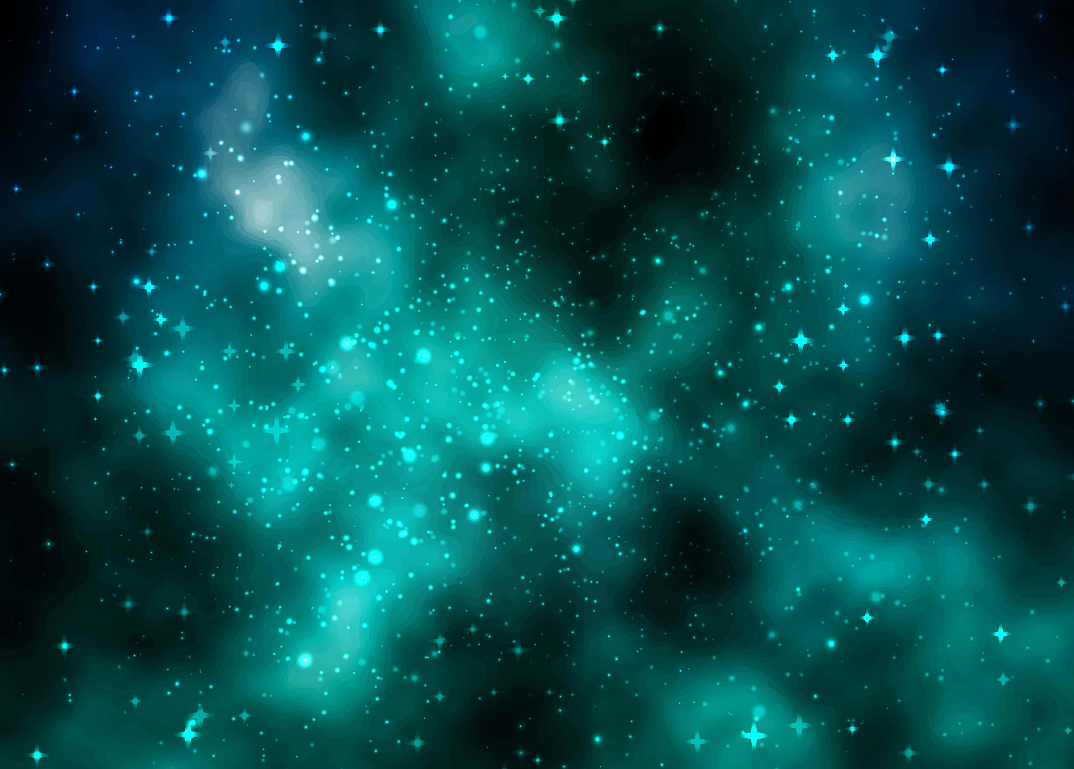 Pastel Galaxy 桌布 壁紙 — 一個迷人的藍綠色星雲，充滿閃爍的星星和發光的宇宙雲，襯托在黑暗的虛空中。