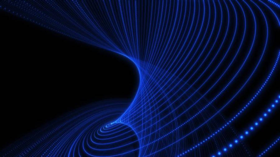 dark neon iPhone 桌布 壁紙 — 一個迷人的藍色數位漩渦在黑色虛空中旋轉，由發光點和曲線組成。