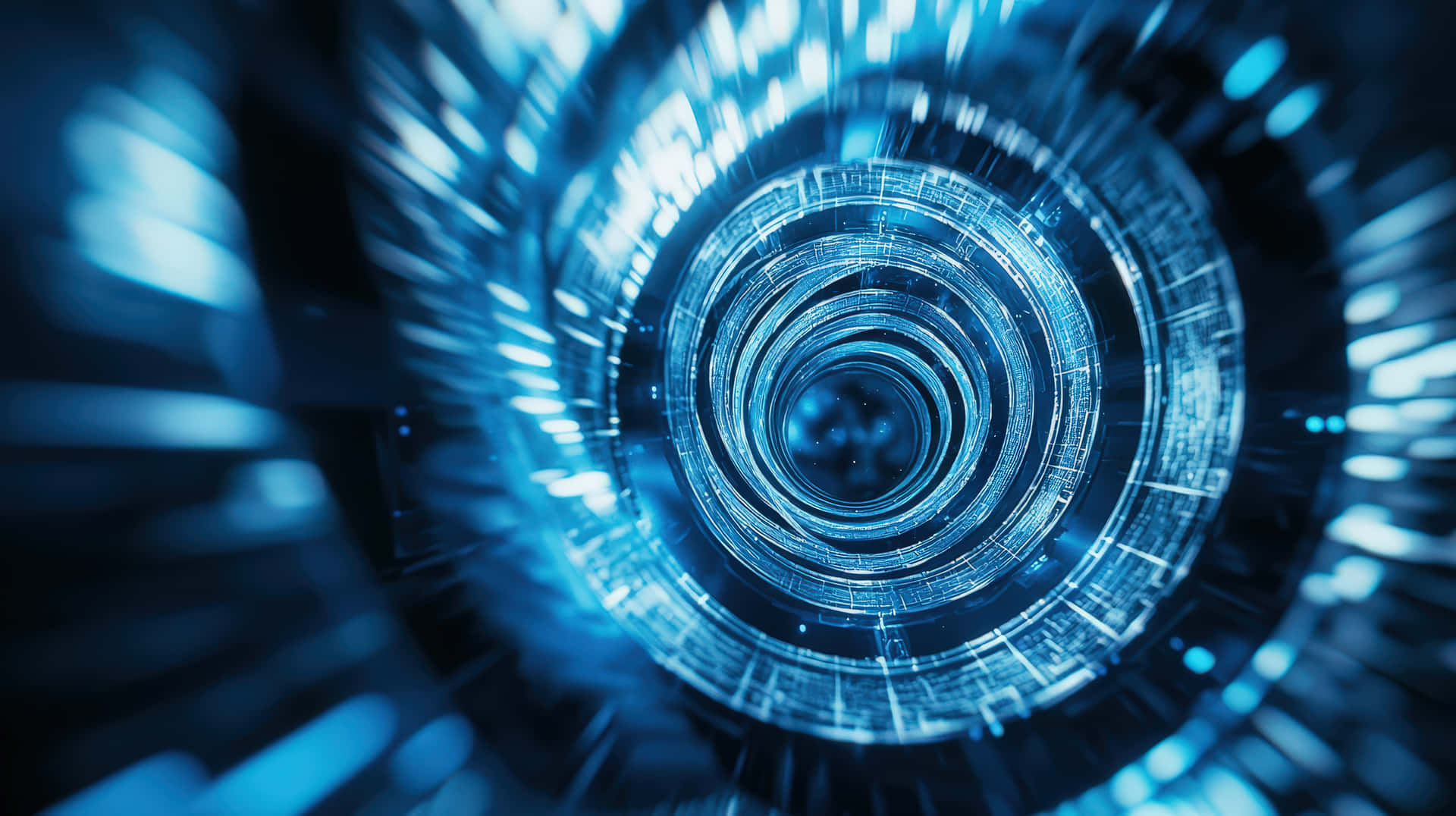 Futuristic Digital Data Tunnel with Glowing Blue Lights and Sci-Fi Aesthetic 壁紙 — 一個迷人的藍色數位隧道螺旋向內，帶有發光的電路線和耀眼的光條，營造出未來主義的漩渦效果。