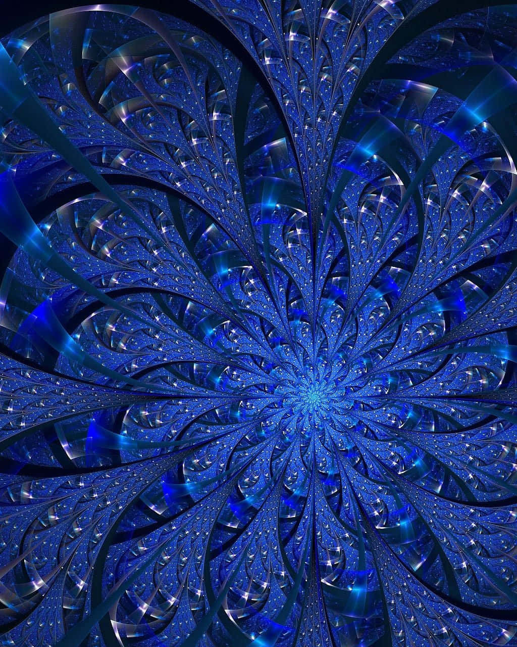 藍色美學 桌布 壁紙 — 一個迷人的藍色碎形圖案以複雜、對稱的螺旋向外輻射，帶有發光的高光。