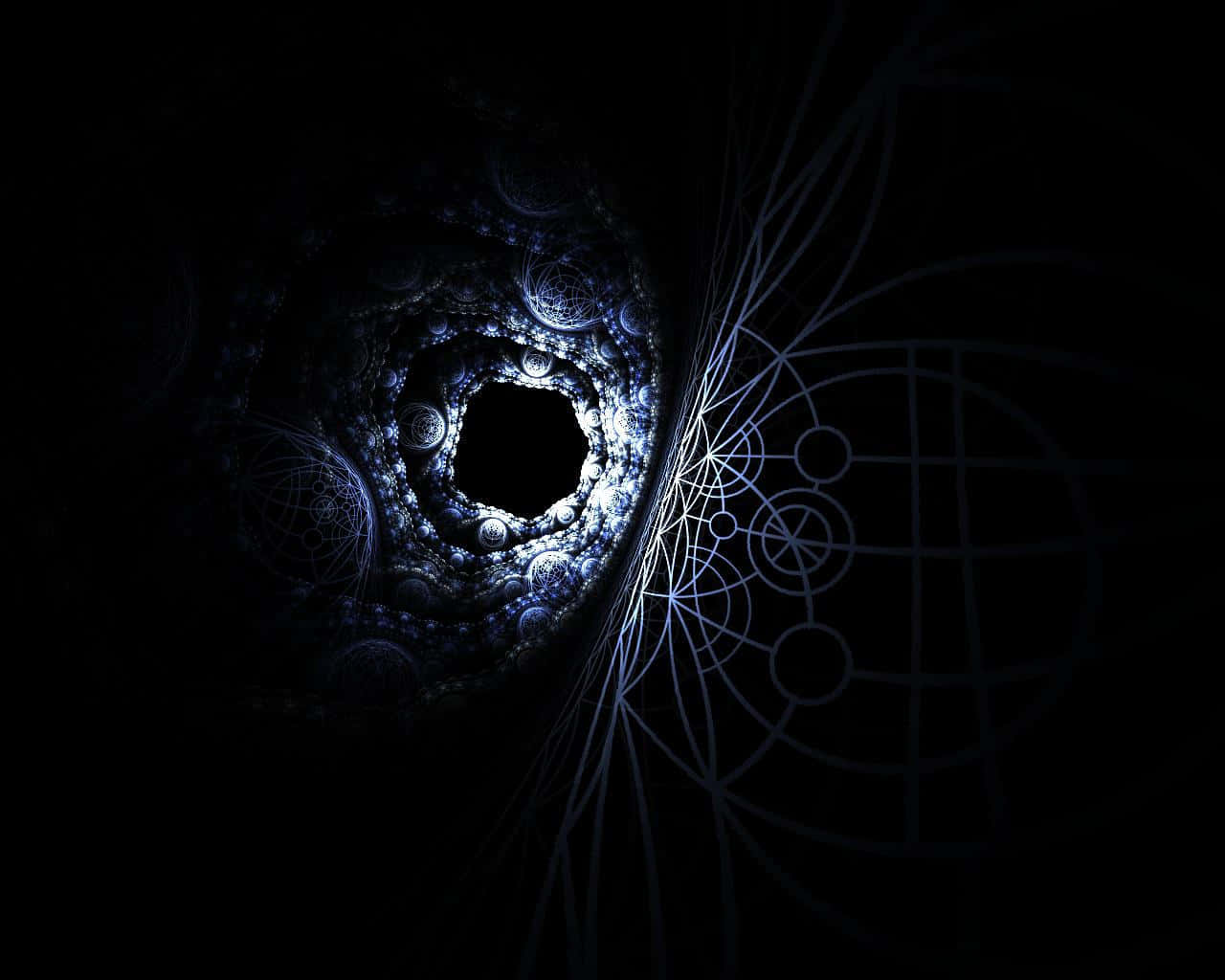 Dark Circles 桌布 壁紙 — 一個迷人的藍色碎形隧道，帶有發光的幾何圖案和複雜的圓形設計，螺旋進入黑暗。