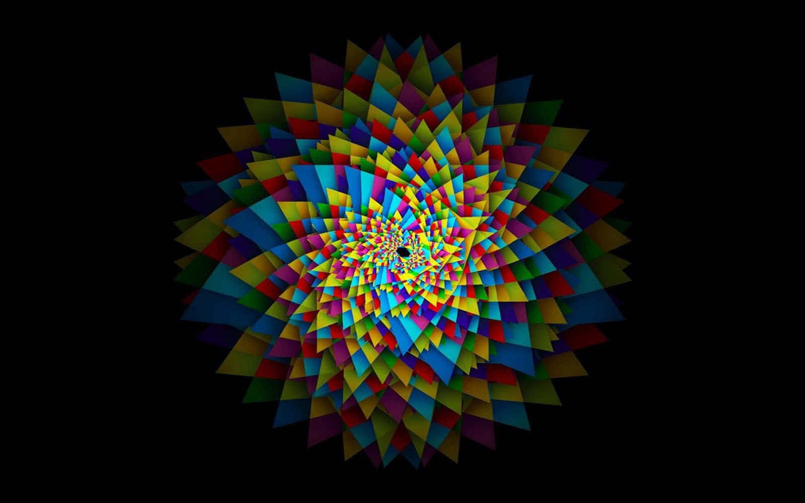 Geometric Shapes 桌布 壁紙 — 一個迷人的螺旋，由多色三角形碎片在純黑背景上向外輻射。
