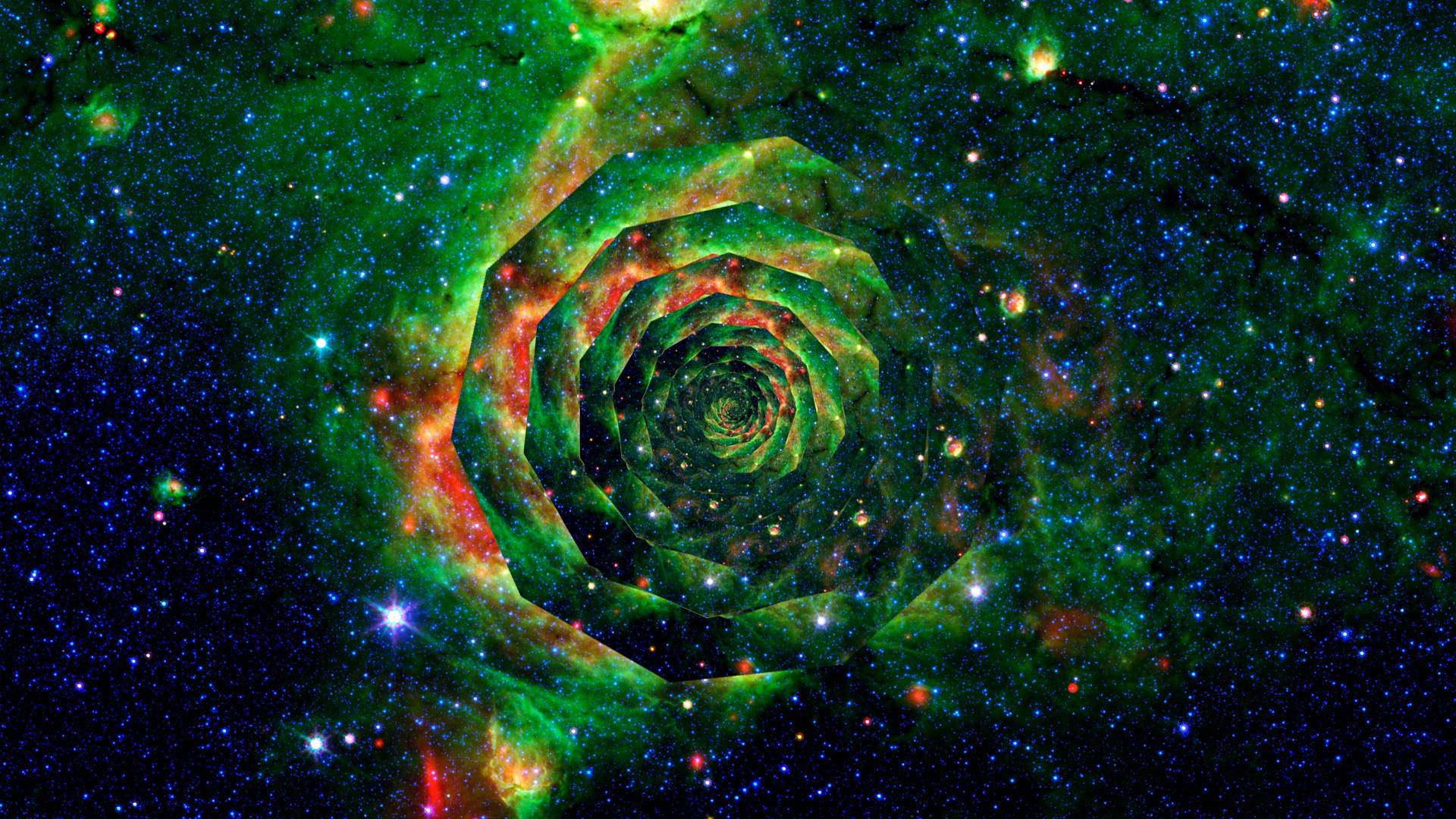 迷幻動圖 桌布 壁紙 — 一個迷人的螺旋星系，充滿活力的綠色和紅色星雲在星場中旋轉。