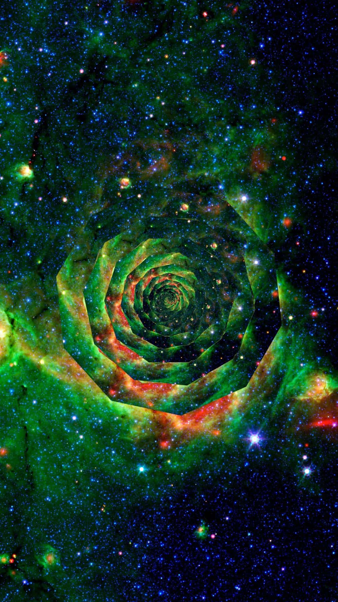 銀河 桌布 壁紙 — 一個迷人的螺旋星系，充滿活力的綠色和紅色星雲在星場中旋轉。