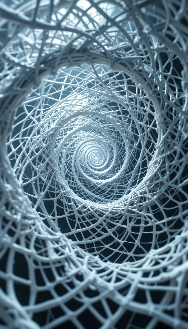 web 桌布 壁紙 — 一個迷人的螺旋隧道，由纏繞的白線製成，在黑暗背景下退入明亮的中心。
