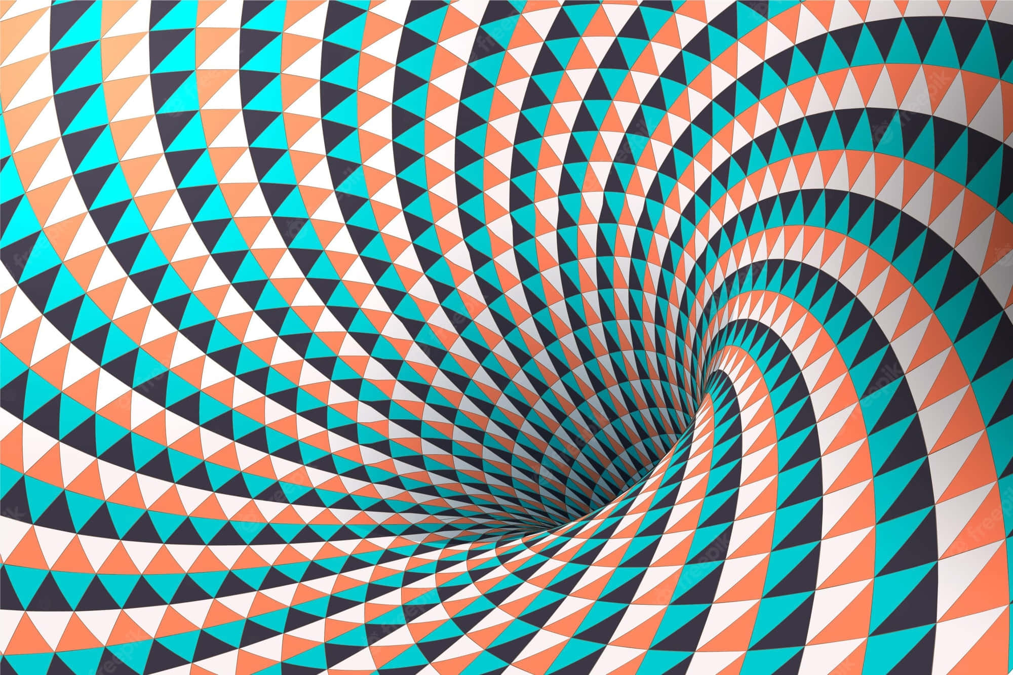 Cool Optical Illusions 桌布 壁紙 — 一個迷人的視錯覺，重複的三角形在充滿活力的青色、橙色和黑色中螺旋進入深淵。