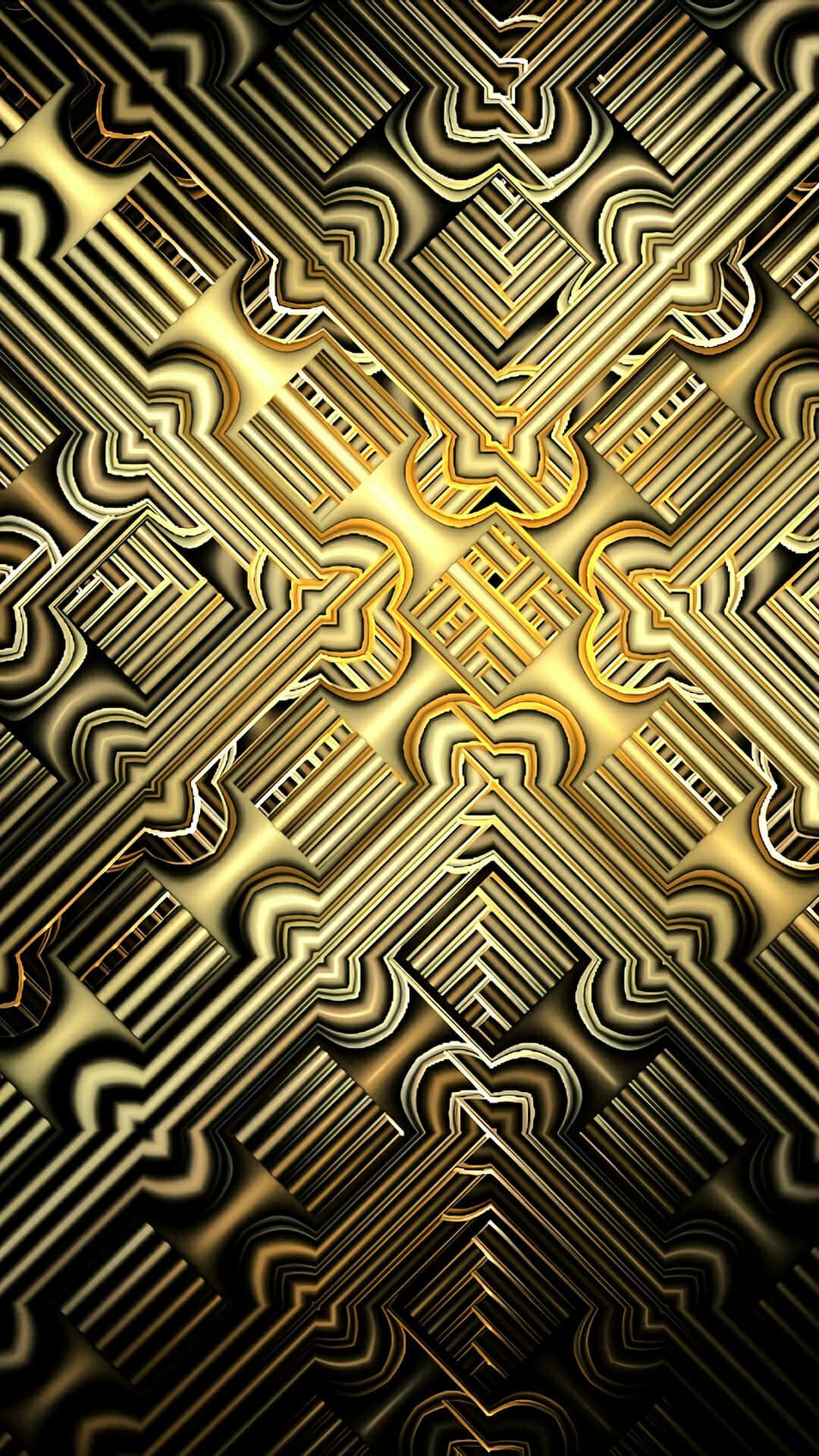  壁紙 — 一個迷人的金色幾何圖案，帶有複雜的重複形狀和發光高光，在深色背景上。