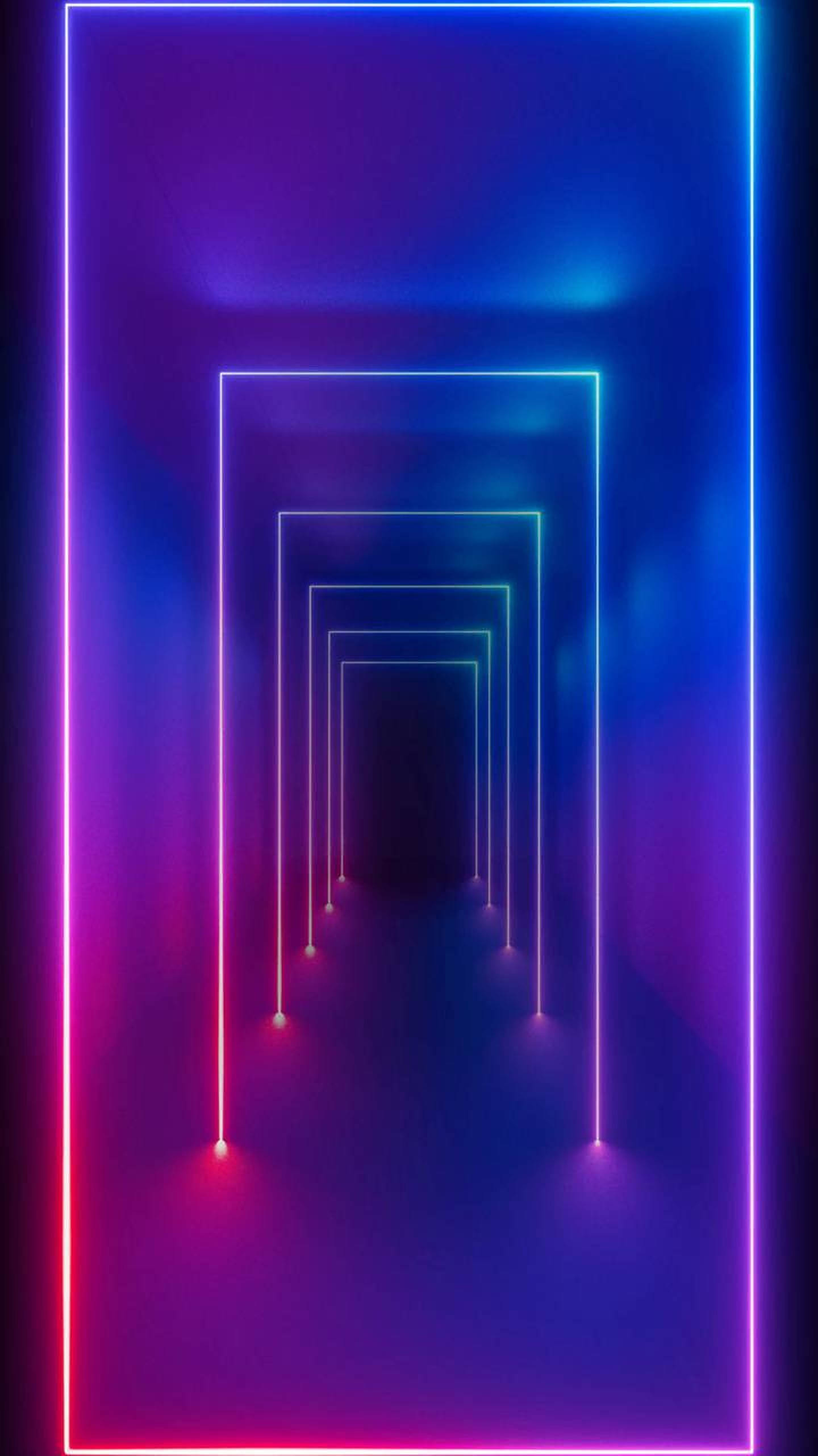 Led 桌布 壁紙 — 一個迷人的隧道，由發光的霓虹矩形組成，逐漸消失在黑暗中，帶有鮮豔的粉紅色、藍色和紫色色調。