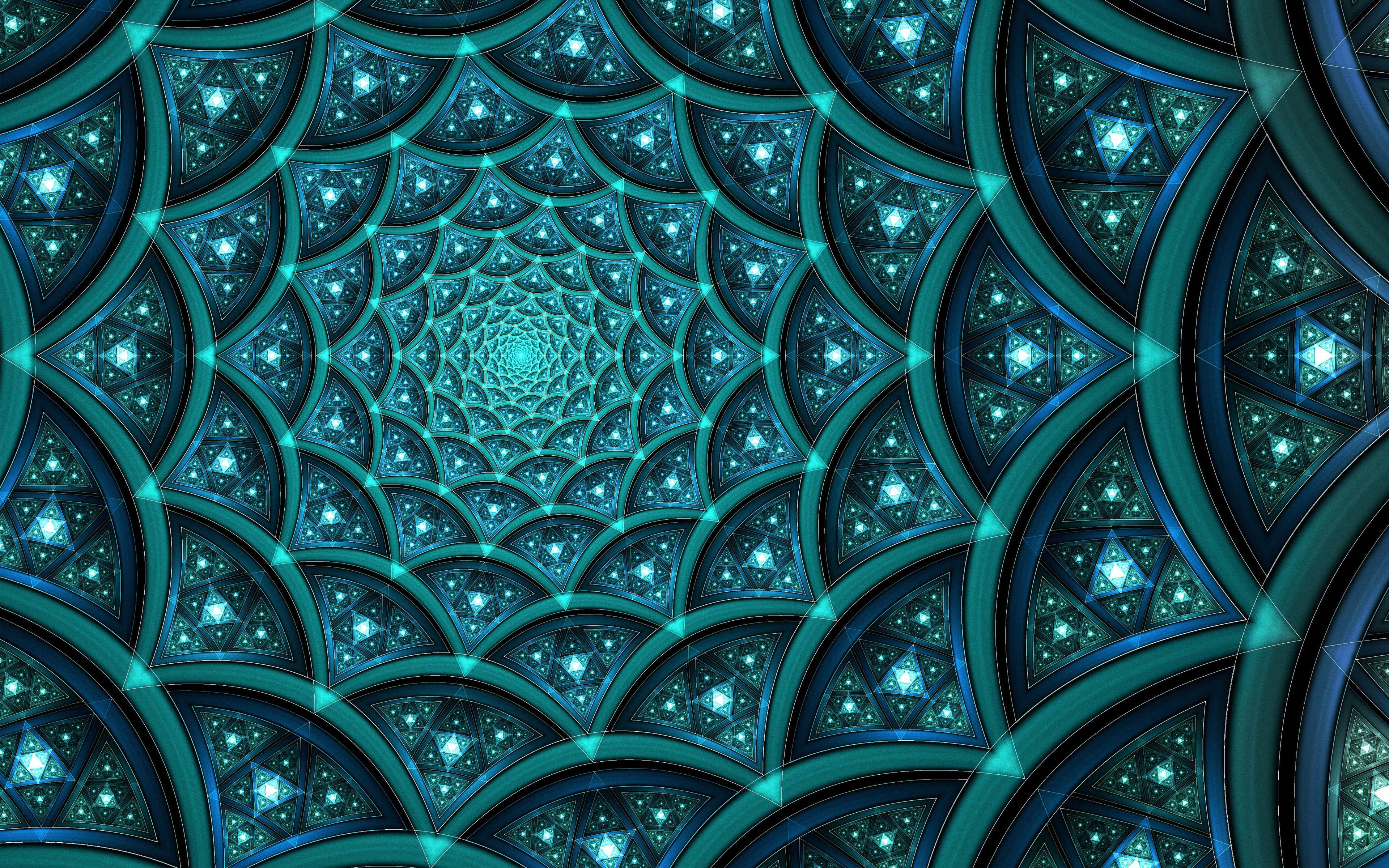 Teal Blue 桌布 壁紙 — 一個迷人的青綠色和黑色碎形圖案向內螺旋，帶有發光的星狀中心，營造出催眠的隧道效果。
