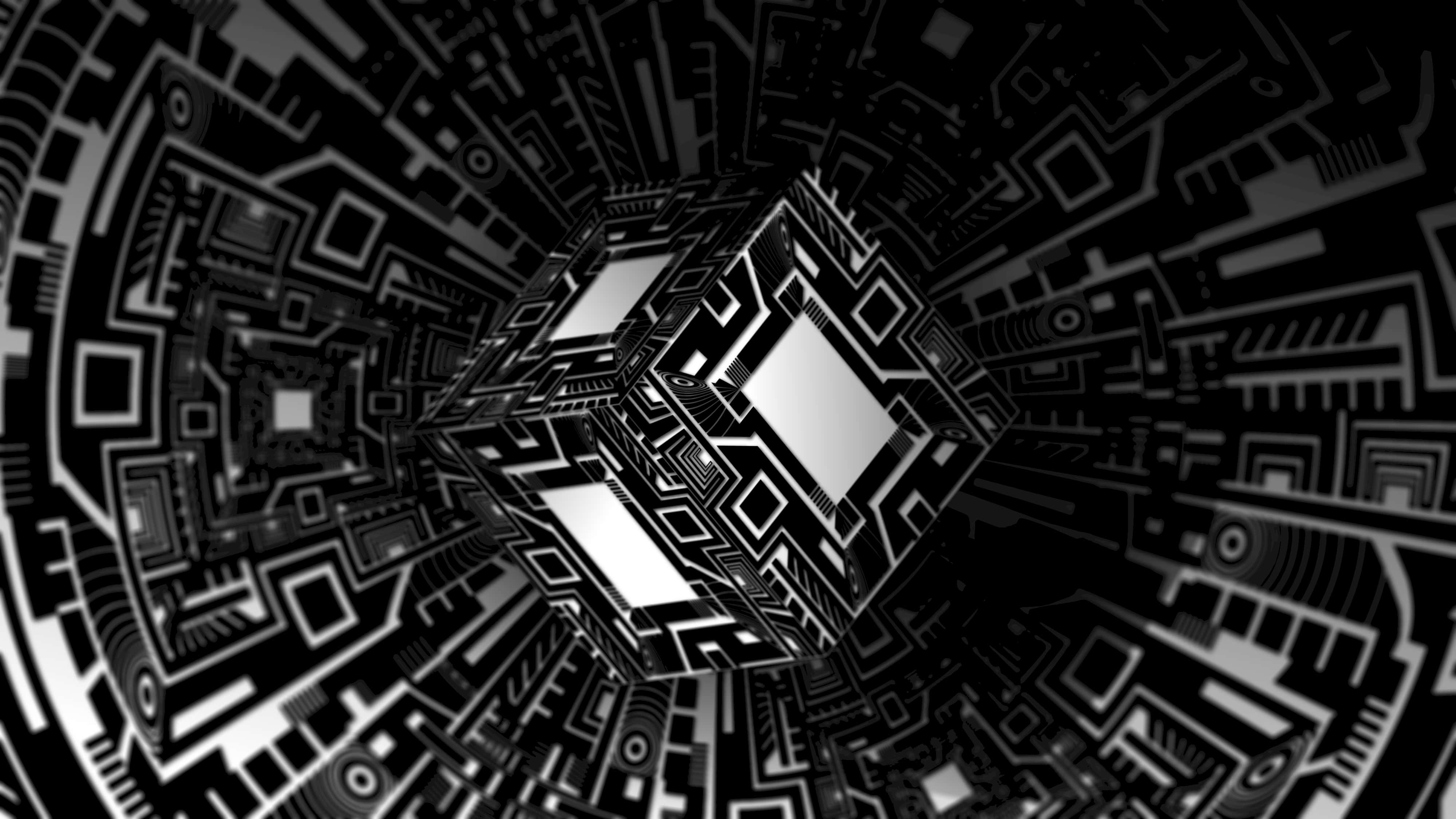 Cool Optical Illusions 桌布 壁紙 — 一個迷人的黑白數位隧道，帶有複雜的幾何圖案，向中心一個發光的立方體匯聚。