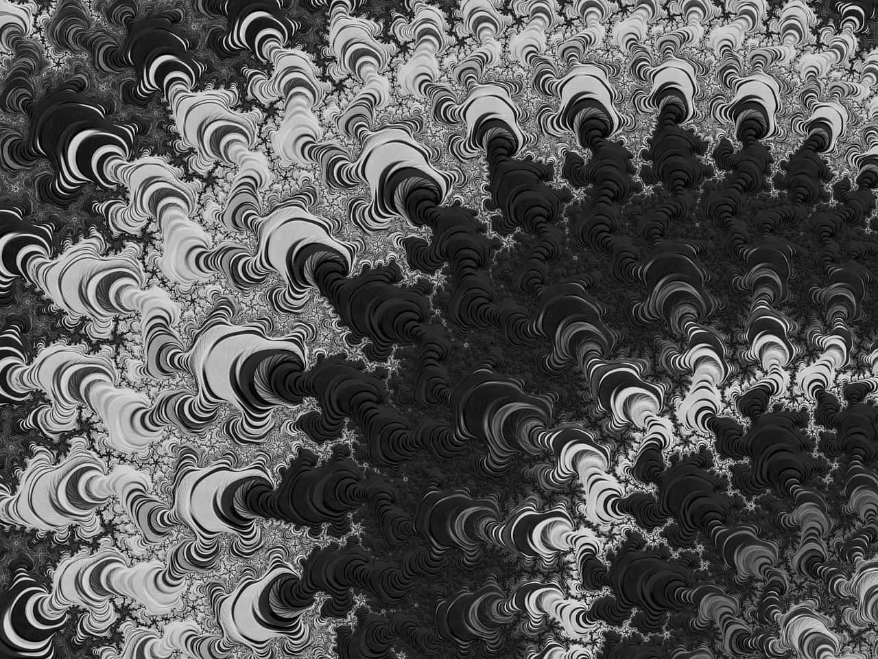 Black And White Abstract Art 桌布 壁紙 — 一個迷人的黑白碎形圖案，帶有漩渦狀有機形狀和重複的幾何圖案。