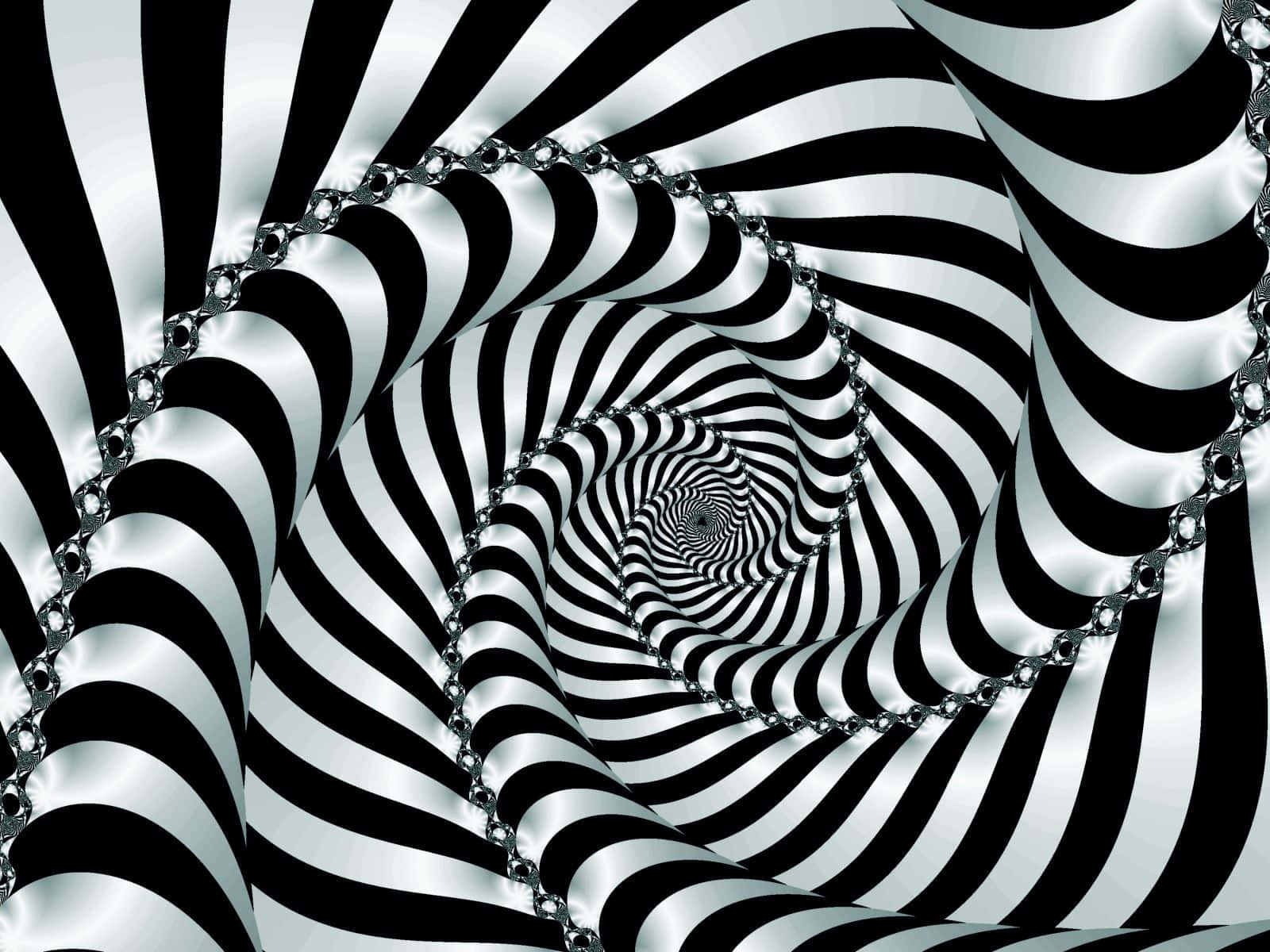 黑白螺旋隧道，帶有金屬鏈條裝飾，營造出催眠般的視覺錯覺。 — 迷幻動圖 壁紙