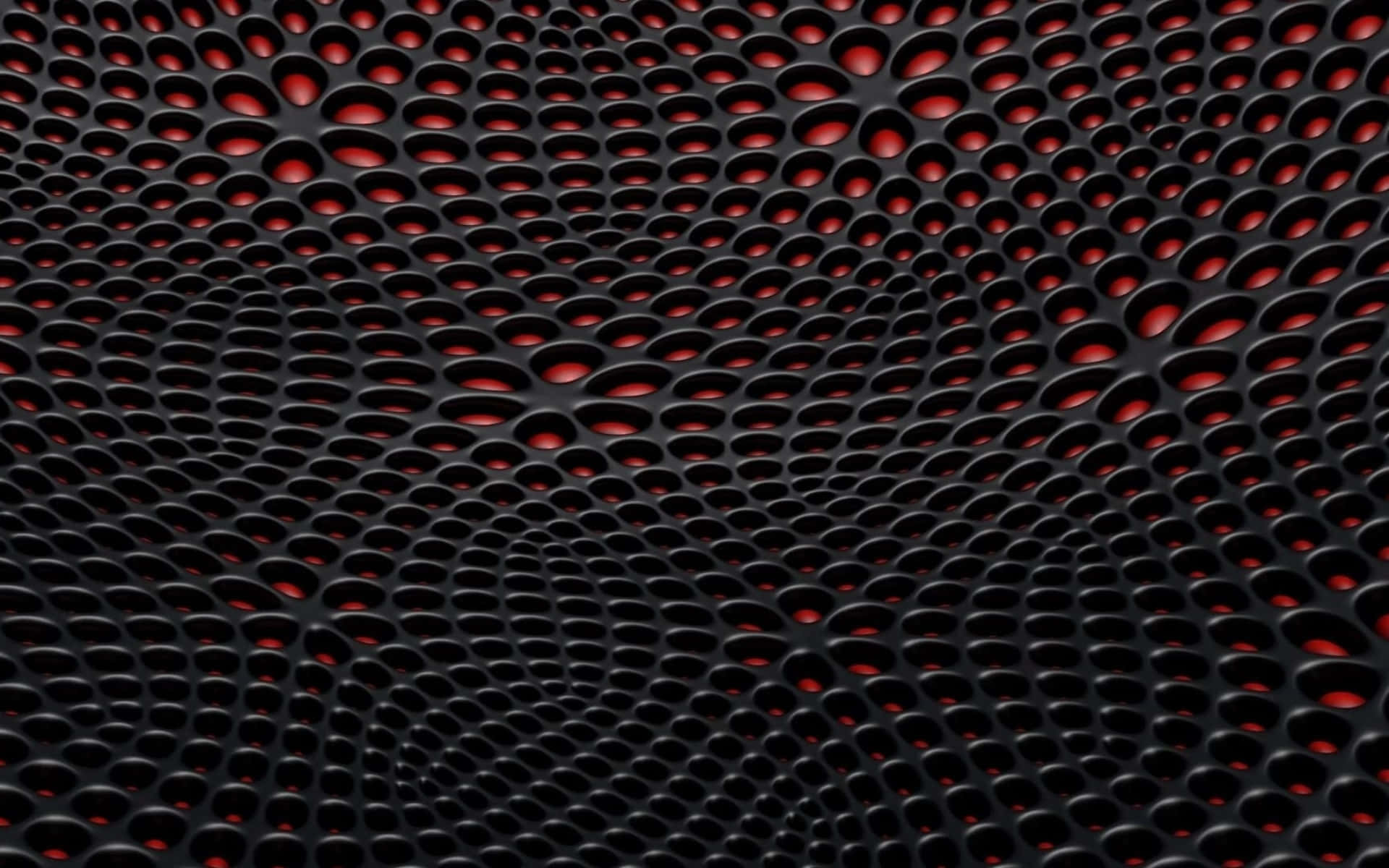 黑色紋理表面，帶有發光的紅色圓形孔洞，形成3D隧道圖案。 — 1920x1200 GIF 壁紙