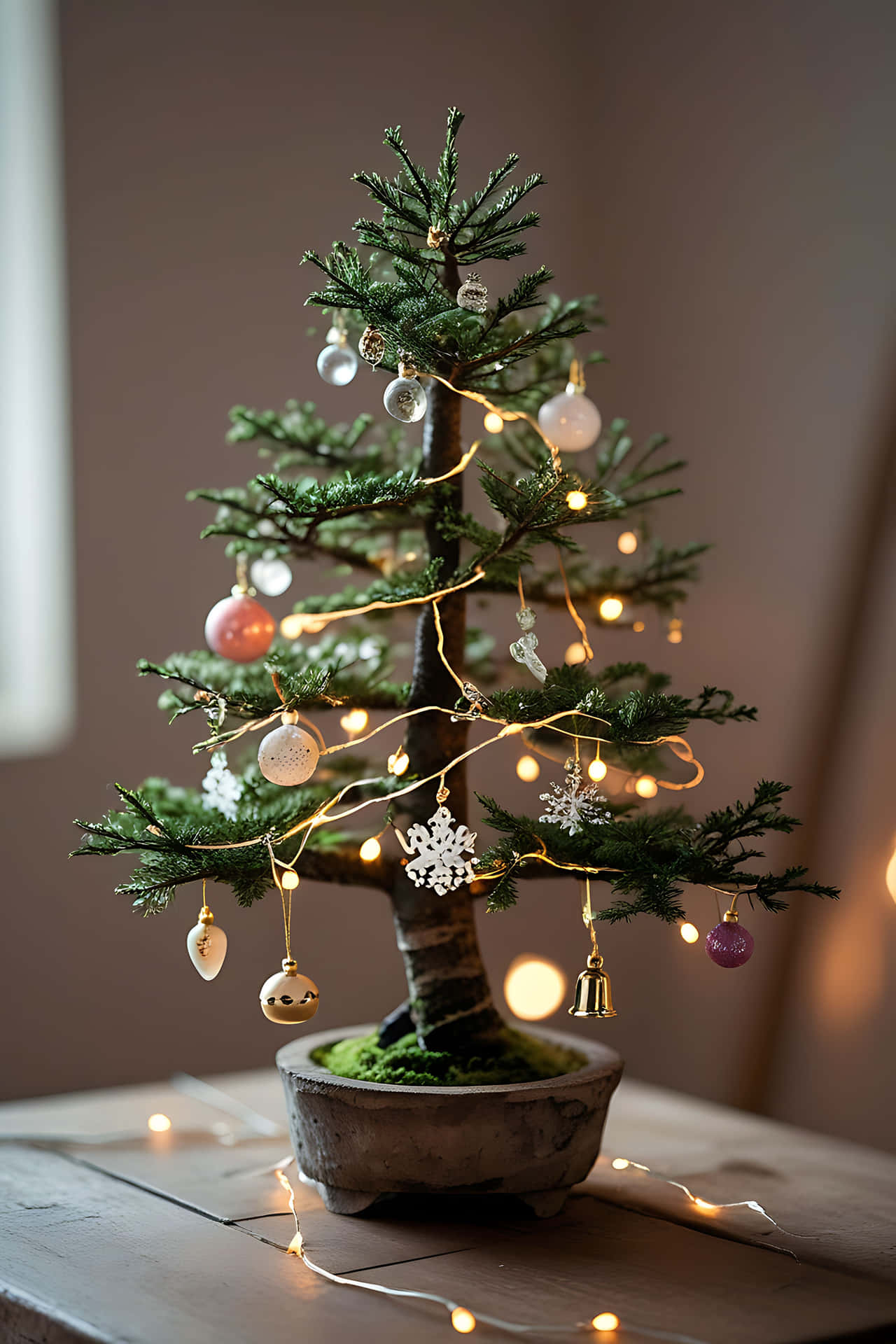 Decorated miniature christmas tree 壁紙 — 一個迷你裝飾聖誕樹，放在石頭花盆中，配有燈串、裝飾品和雪花，置於木桌上。