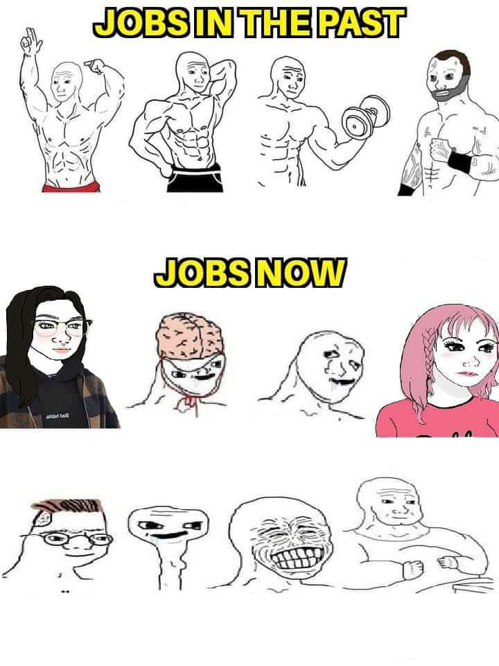 Blank Meme 桌布 壁紙 — 一個迷因，將過去的工作與肌肉發達的男人對比，而現在的工作則有各種扭曲的卡通面孔。