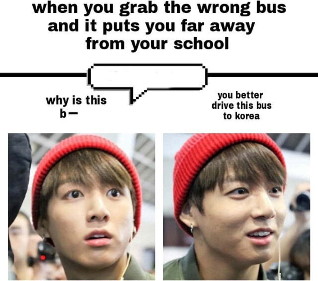 Bts Funny 桌布 壁紙 — 一個迷因，戴紅色毛帽的人對解釋搭錯公車的文字先震驚後竊笑。