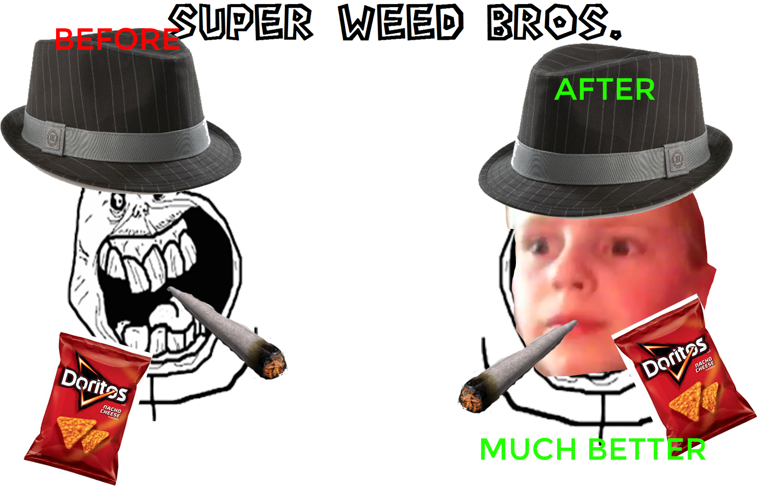 獨自一人 桌布 壁紙 — 一個迷因，比較卡通 troll 臉抽大麻煙與真人做同樣的事，兩者都有 Doritos 袋和「before after」文字。