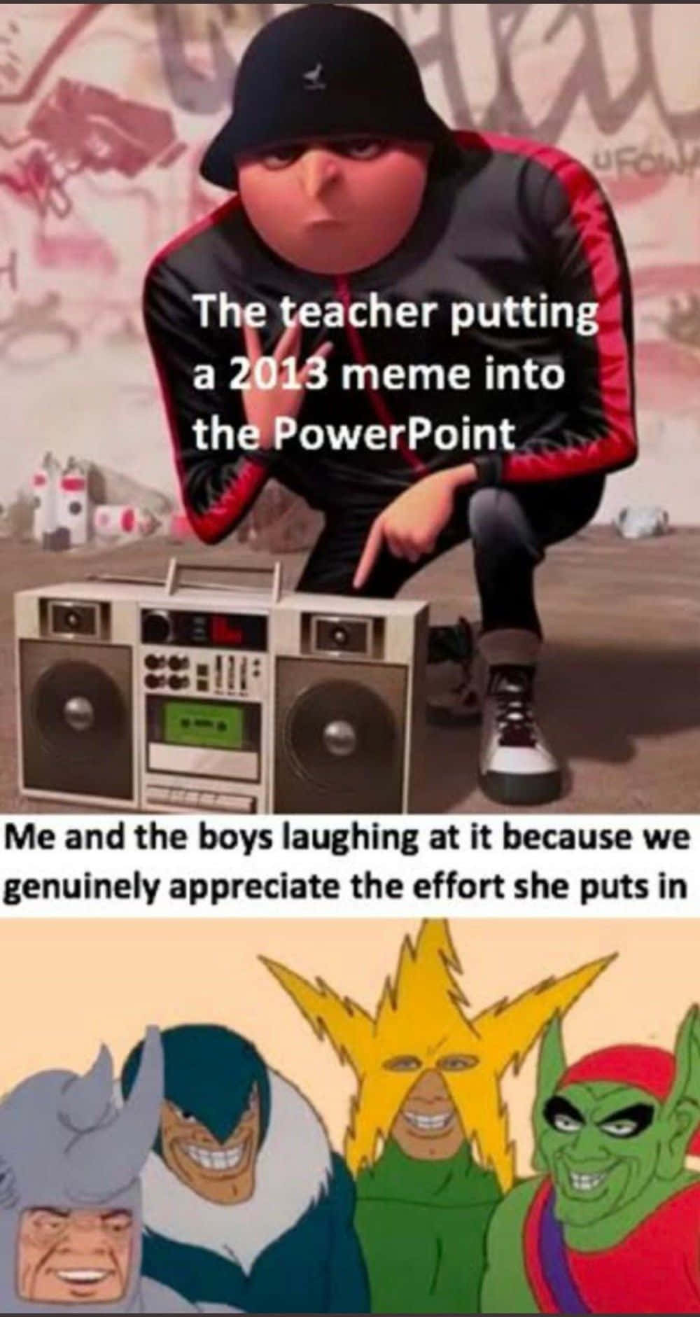 老師拿著手提音響的卡通迷因，以及關於PowerPoint幽默的文字。 — 神偷奶爸 GIF 壁紙