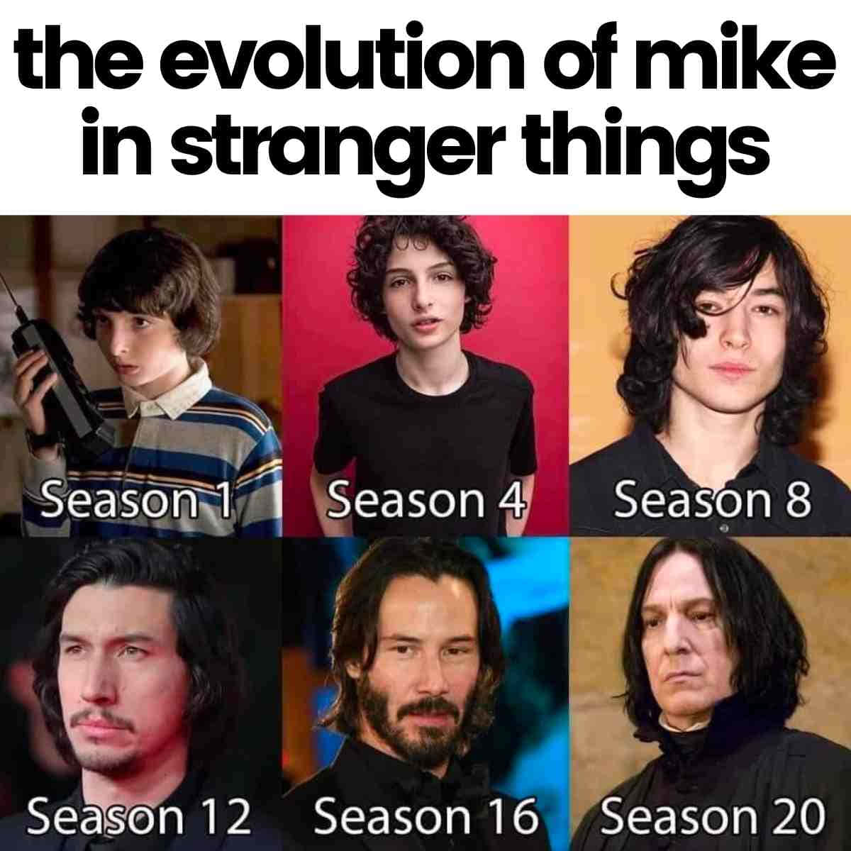 怪奇物語 桌布 壁紙 — 一個迷因，顯示演員Finn Wolfhard飾演《怪奇物語》中的Mike，從第1季到第8季老化，然後在第12、16、20季被演員取代。