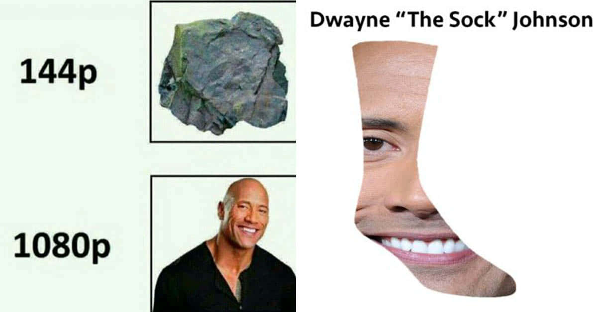 Celebrity Humor Memes 桌布 壁紙 — 一個迷因圖片，比較低解析度的岩石照片和高解析度的Dwayne 'The Sock' Johnson的臉被剪成襪子形狀的照片。