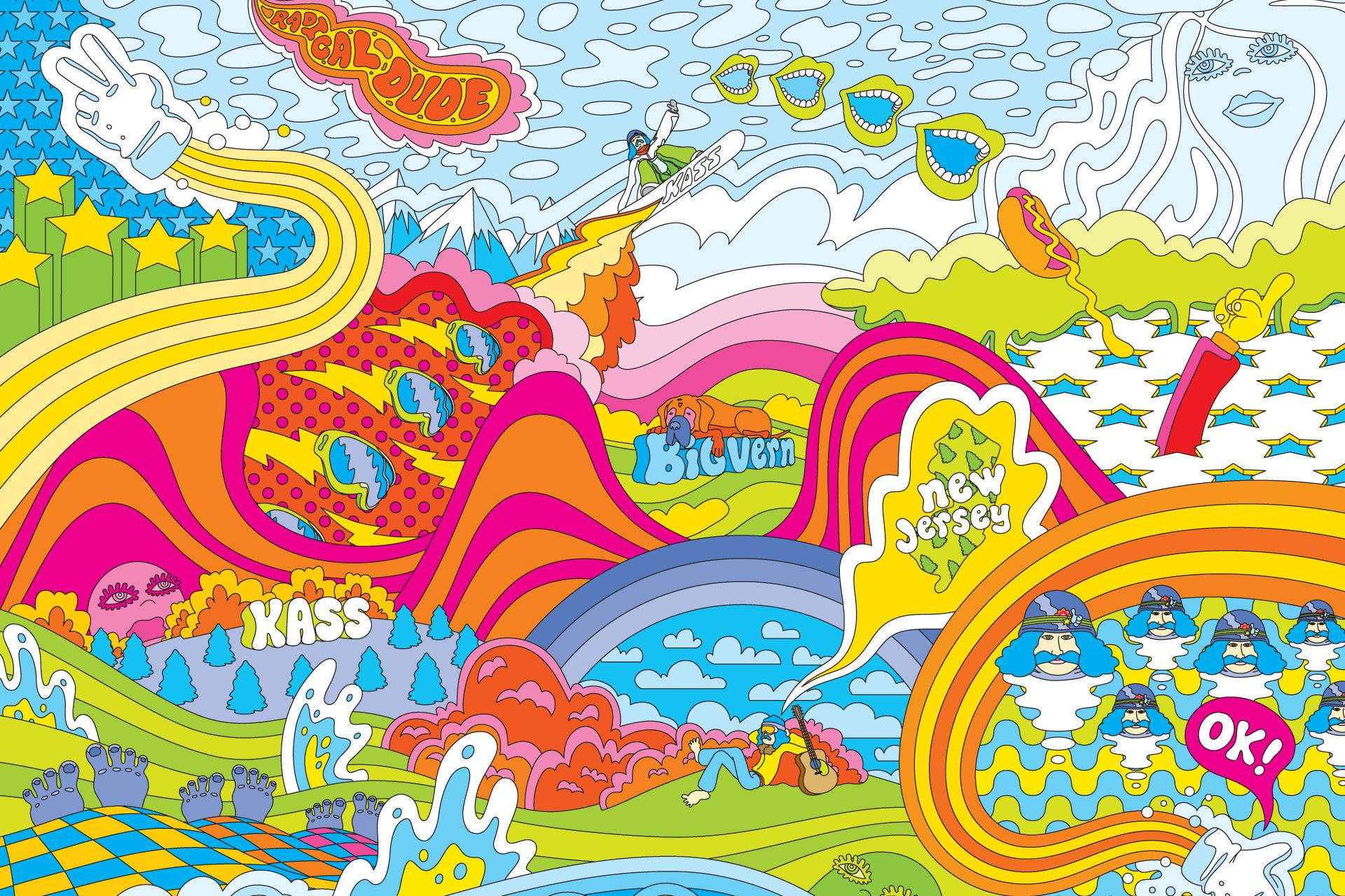 Hippie Aesthetic Laptop 桌布 壁紙 — 一個迷幻卡通風景，有彩虹山丘、漂浮文字和色彩鮮豔的奇異角色。
