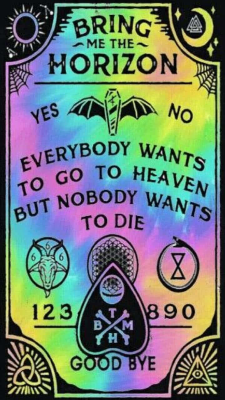 Ouija Boards 桌布 壁紙 — 一個迷幻彩虹漸層的通靈板設計， featuring Bring Me The Horizon 的歌詞和神秘符號。