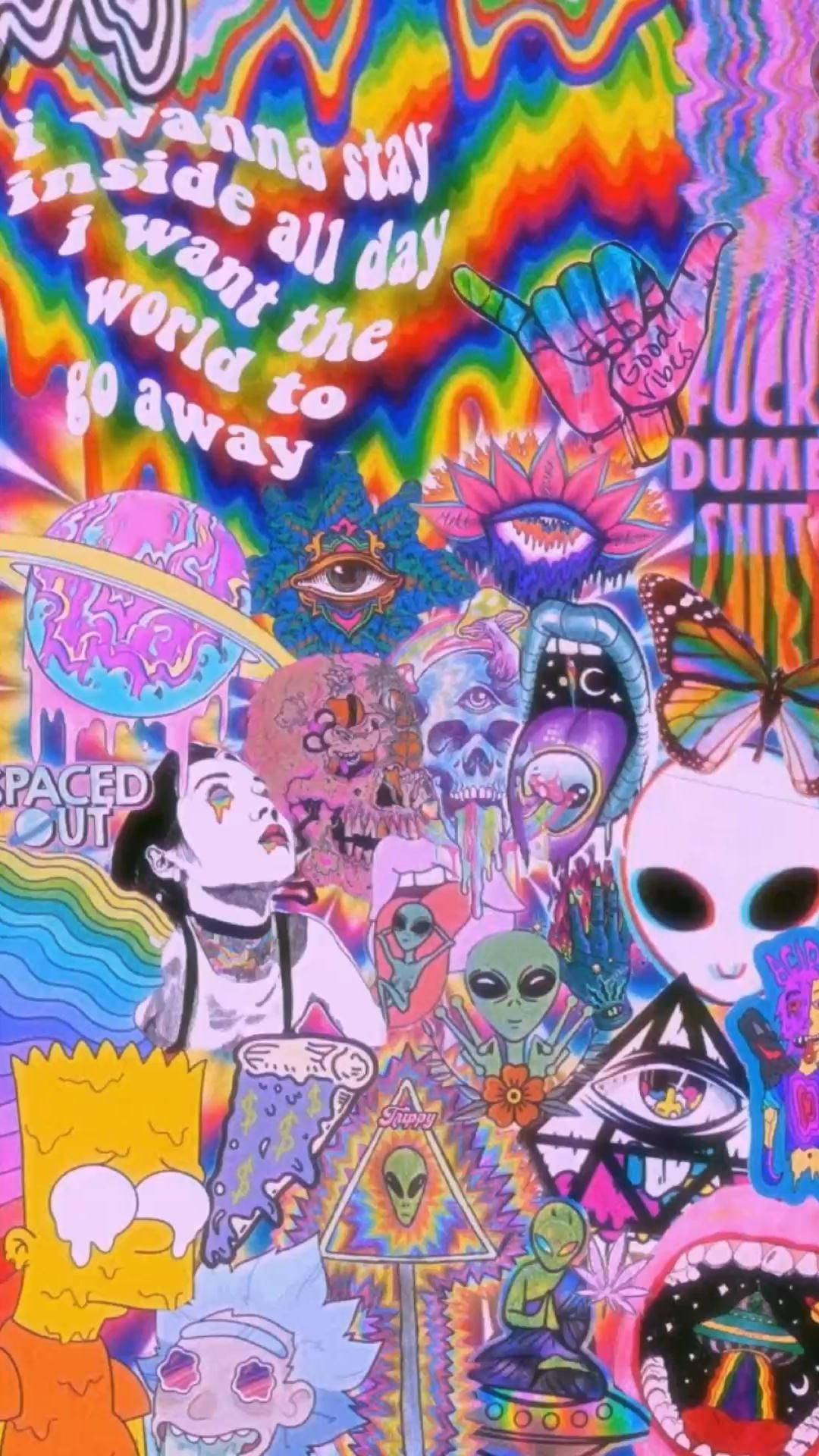 藝術 桌布 壁紙 — 一個迷幻拼貼畫，包含外星人、骷髏頭、卡通角色和彩虹漩渦，並附有文字「i wanna stay inside all day」。