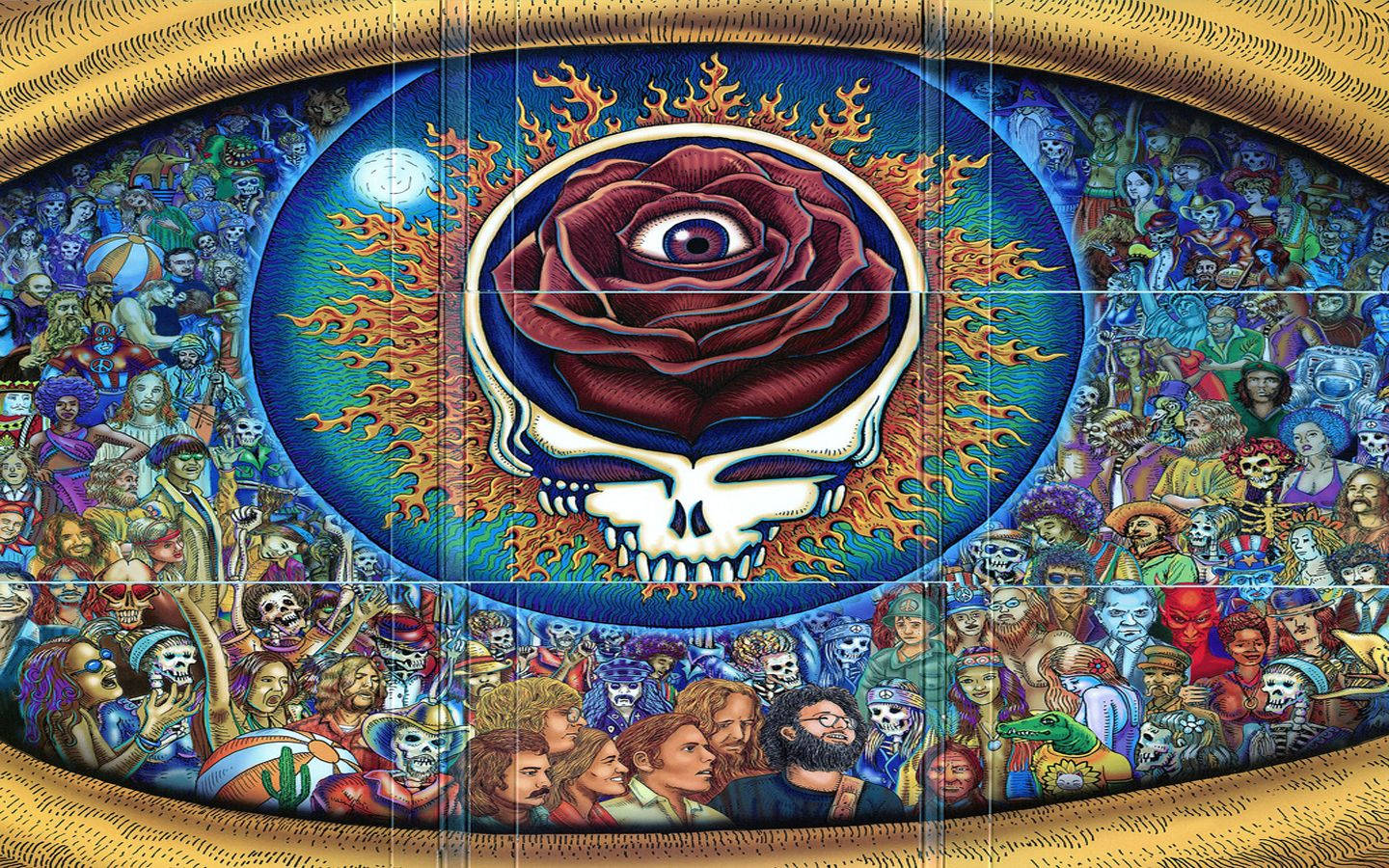 dead 桌布 壁紙 — 一個迷幻插圖，中央有一個帶玫瑰和眼睛的頭骨，被一群不同的人物包圍，下方有火焰光環。