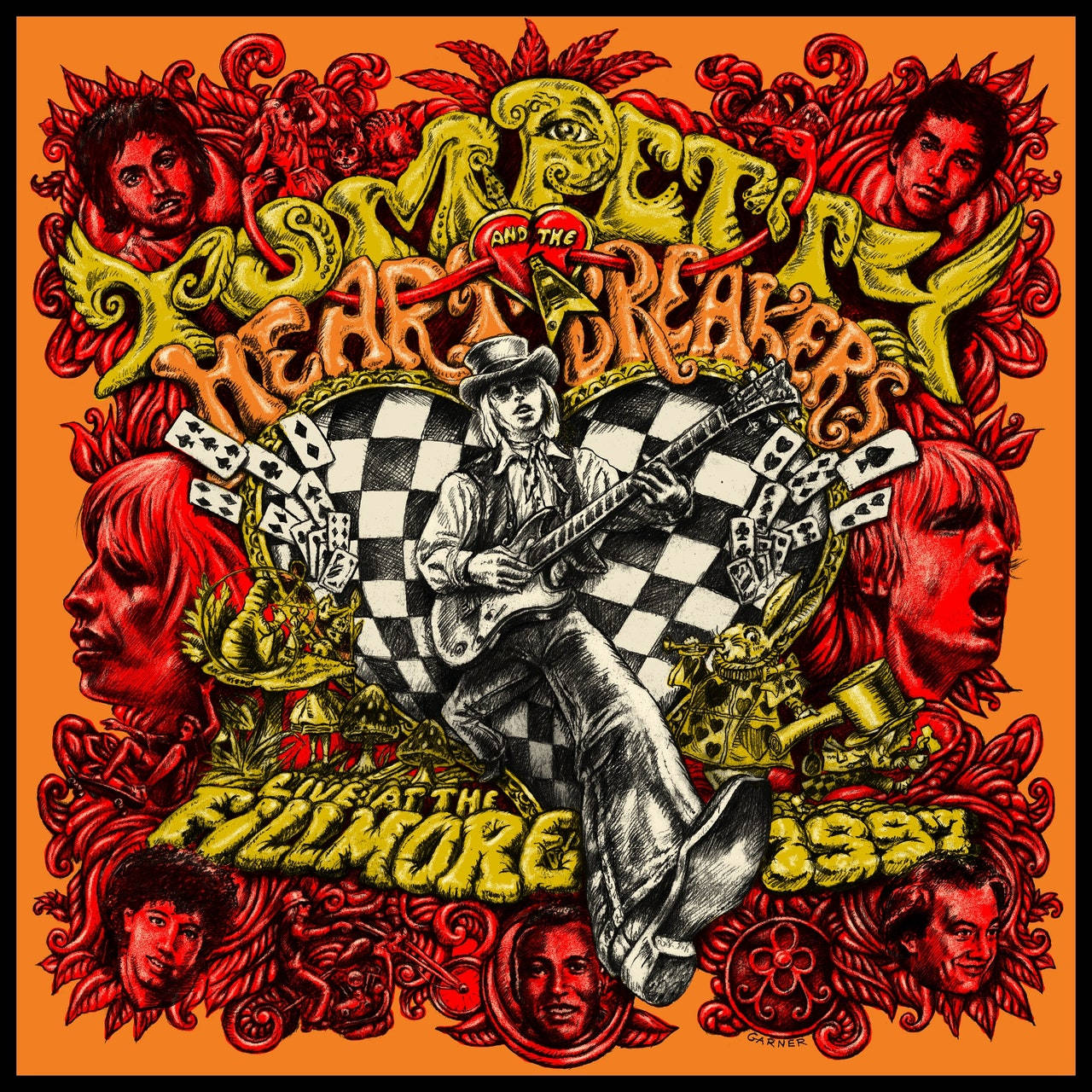 rock n roll 桌布 壁紙 — 一個迷幻插圖，描繪一位吉他手被紅色面孔和華麗圖案包圍，背景為橙色。
